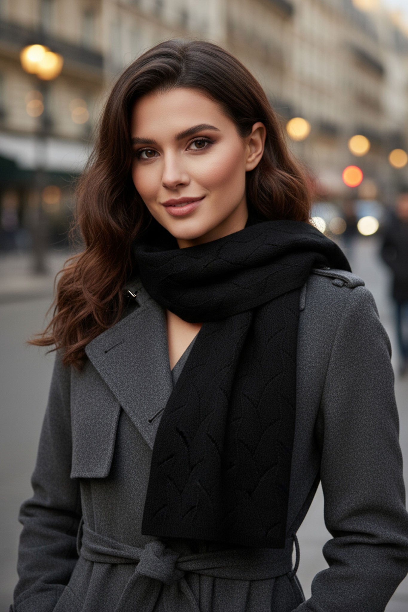 Echarpe de cachemira en tono negro, con diseño calado que añade un toque sofisticado y elegante a cualquier conjunto.