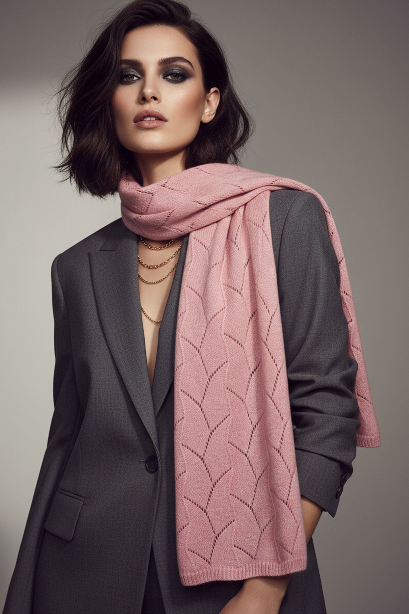 Dettaglio di una sciarpa in cachemire rosa cipria con delicata lavorazione a maglia aperta, perfetta per look eleganti e...