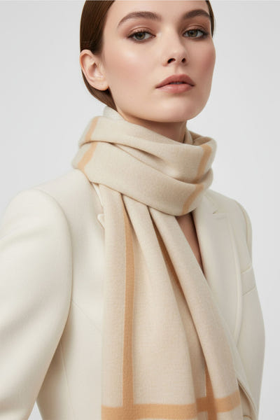 
Zoom sur le motif à bandes marron d'une écharpe en cachemire beige, accessoire chic pour les journées fraîches d'hiver.



