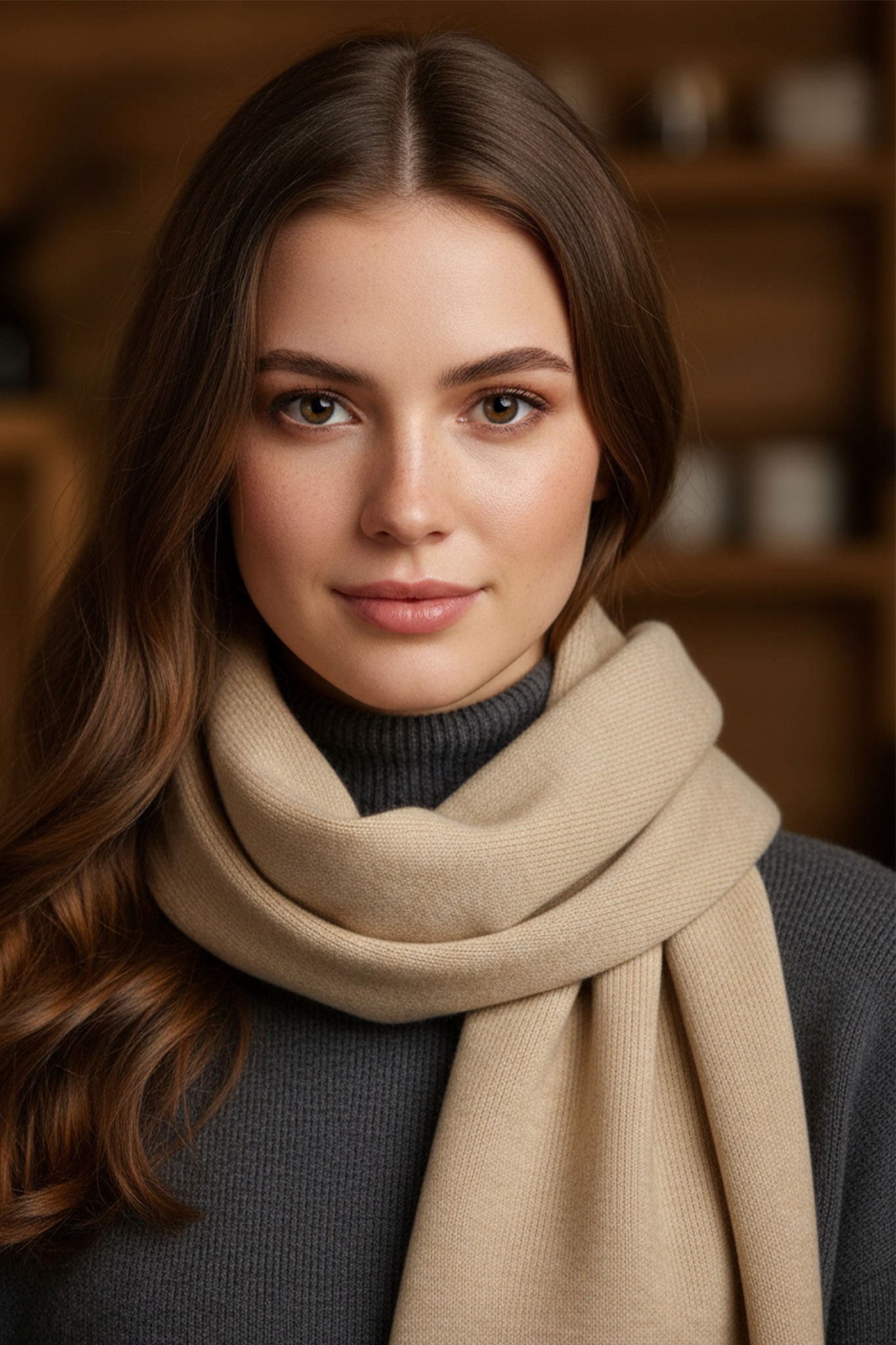 Elegante detailreiche Ansicht eines beigen Cashmere-Schals mit seidiger Textur, ideal für stilvolle Looks und kalte Tage.