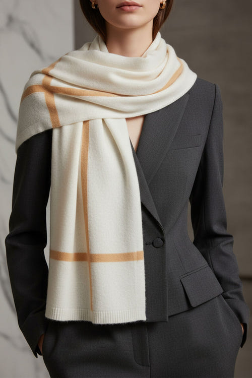 
Zoom sur une écharpe en cachemire blanc avec des bandes marron, accessoire chic pour une touche raffinée au quotidien.



