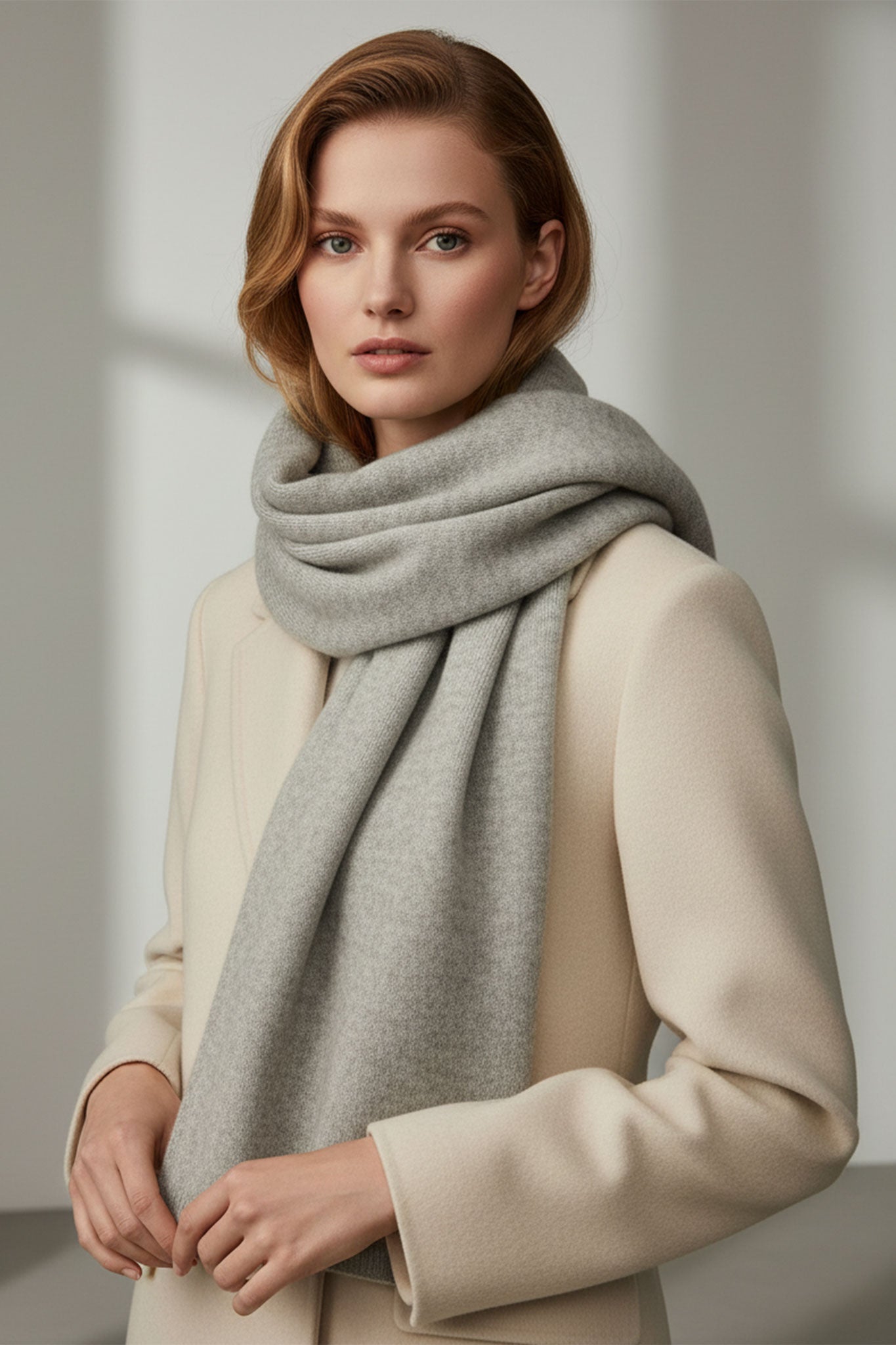 Echarpe de cachemira gris perla, vista en 3/4 que muestra su elegancia moderna y textura suave, ideal para un look...