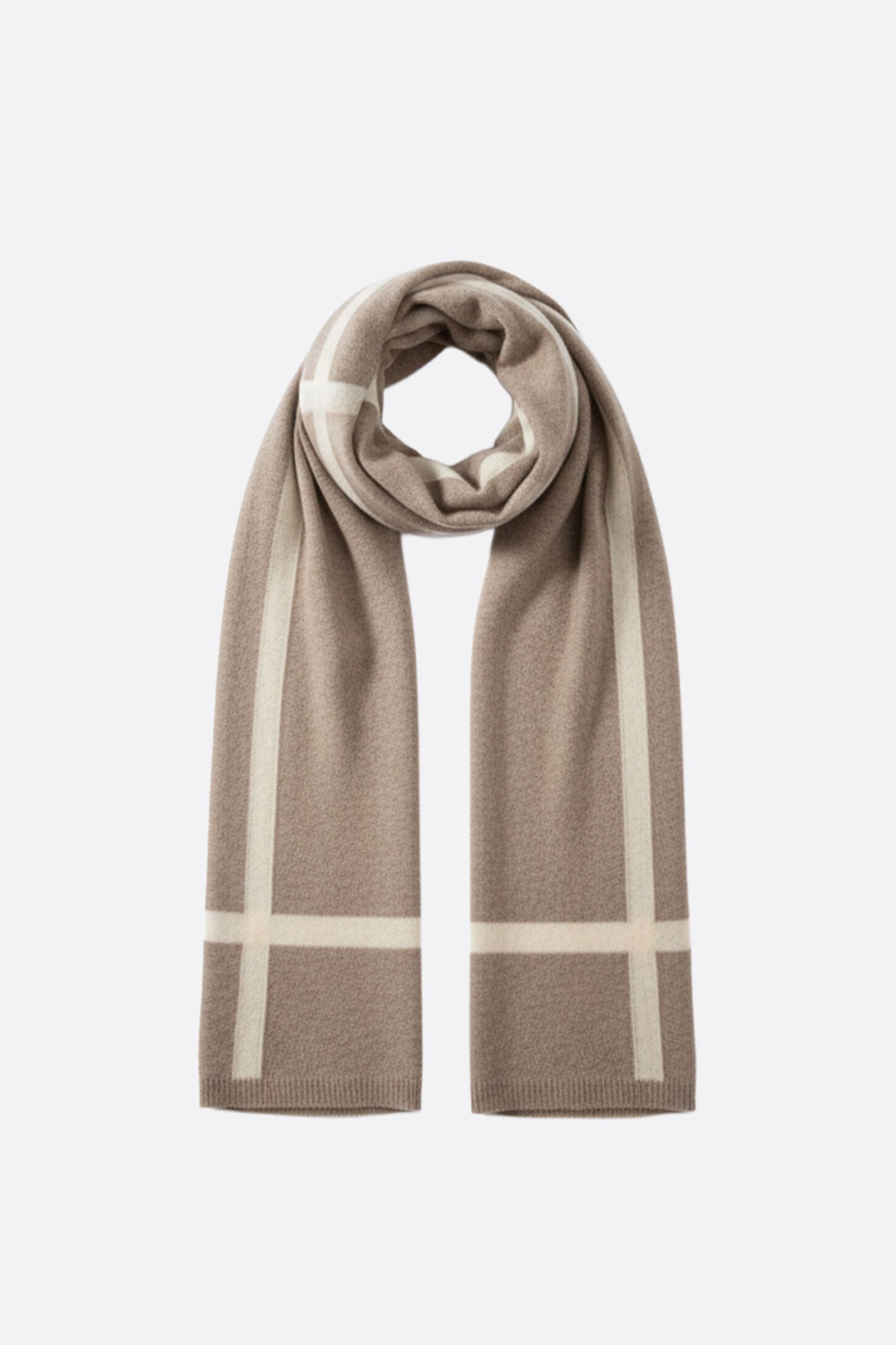 Écharpe en cachemire marron avec bandes beige, parfaite pour apporter une touche élégante à vos ensembles décontractés...