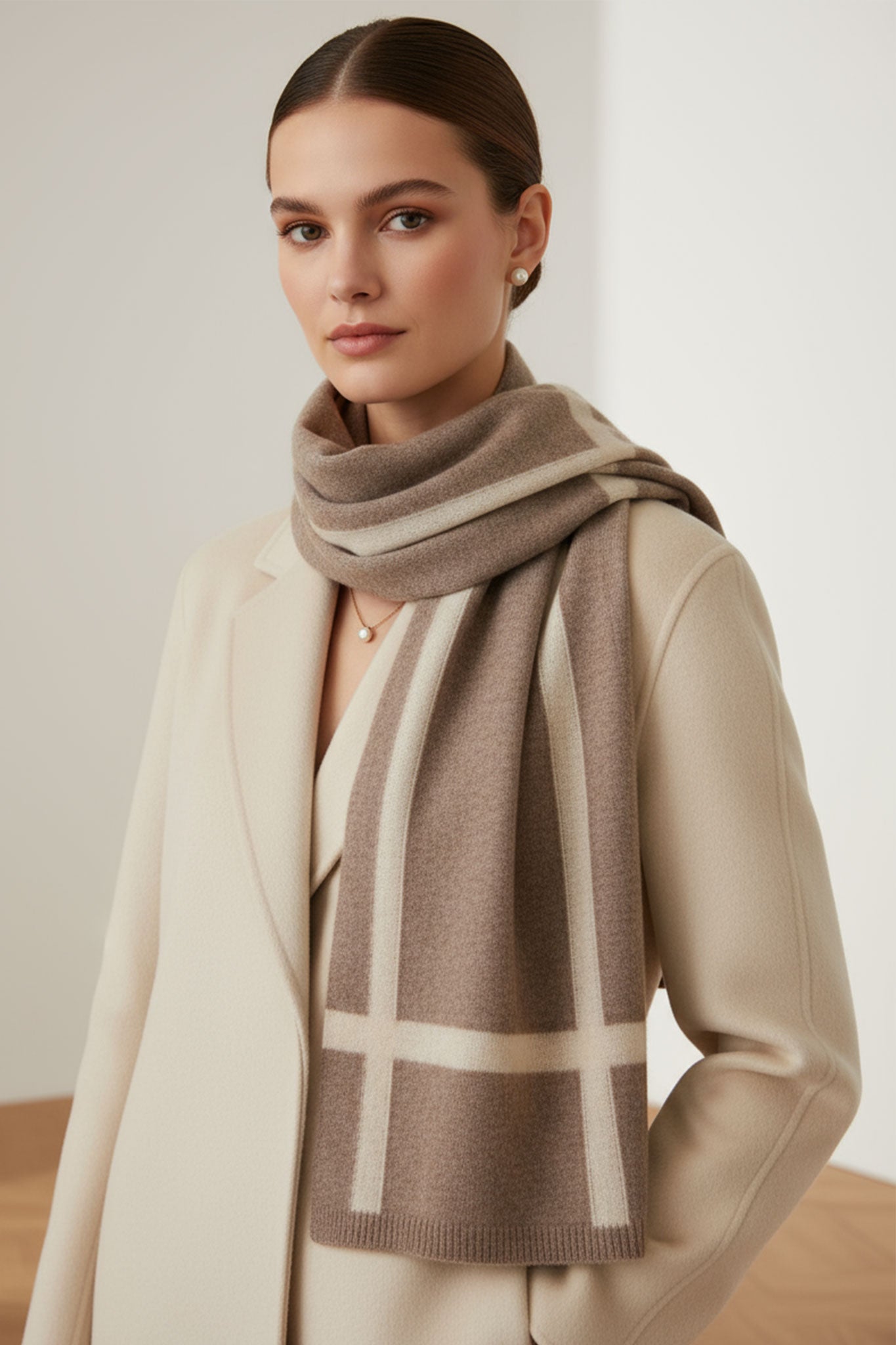 Écharpe en cachemire marron ornée de bandes beige, un accessoire chic pour sublimer une tenue décontractée ou habillée.