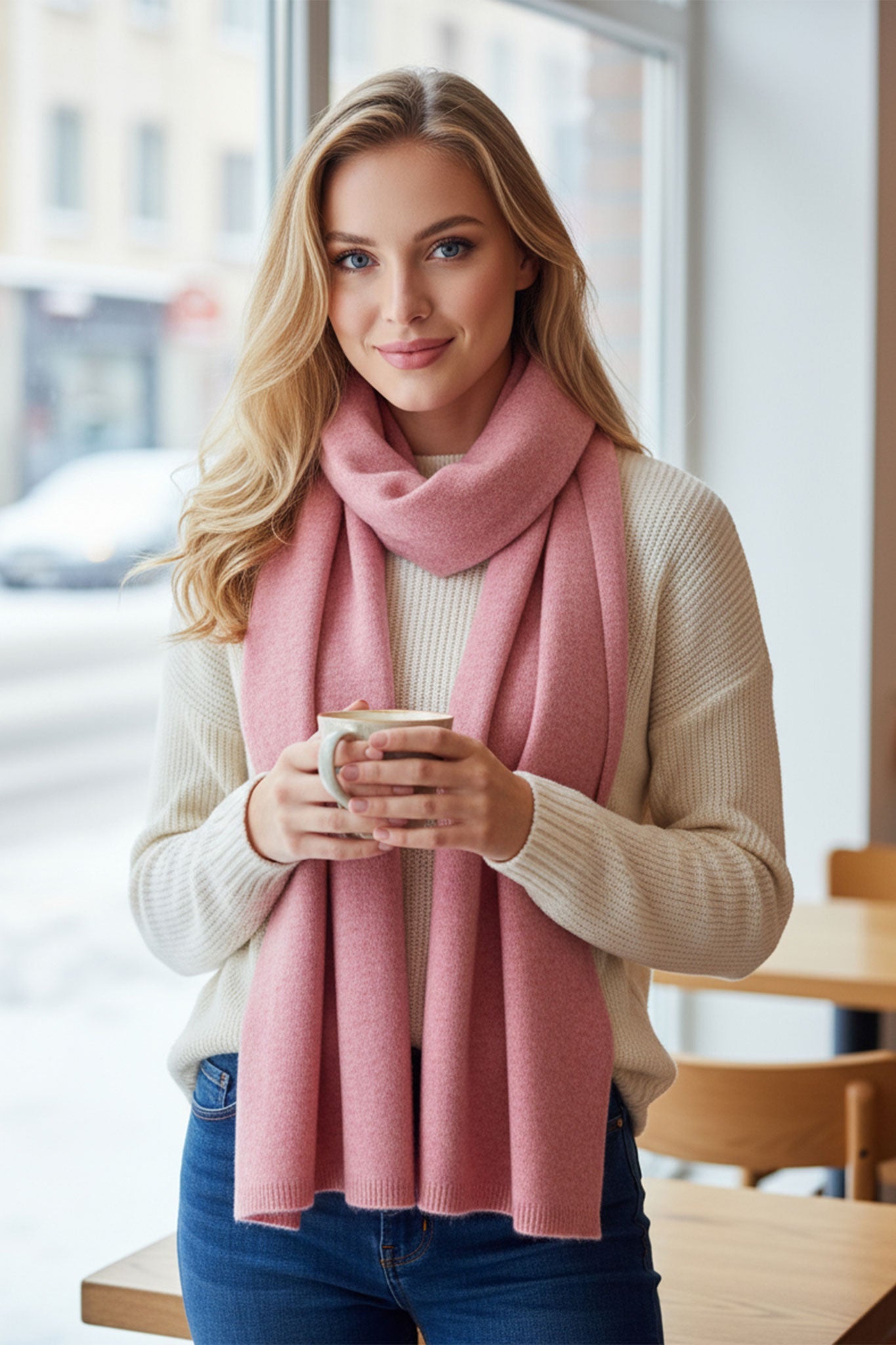 
Détail délicat de l'écharpe en cachemire rose marbre, une pièce intemporelle pour rehausser une tenue élégante au quotidien.



