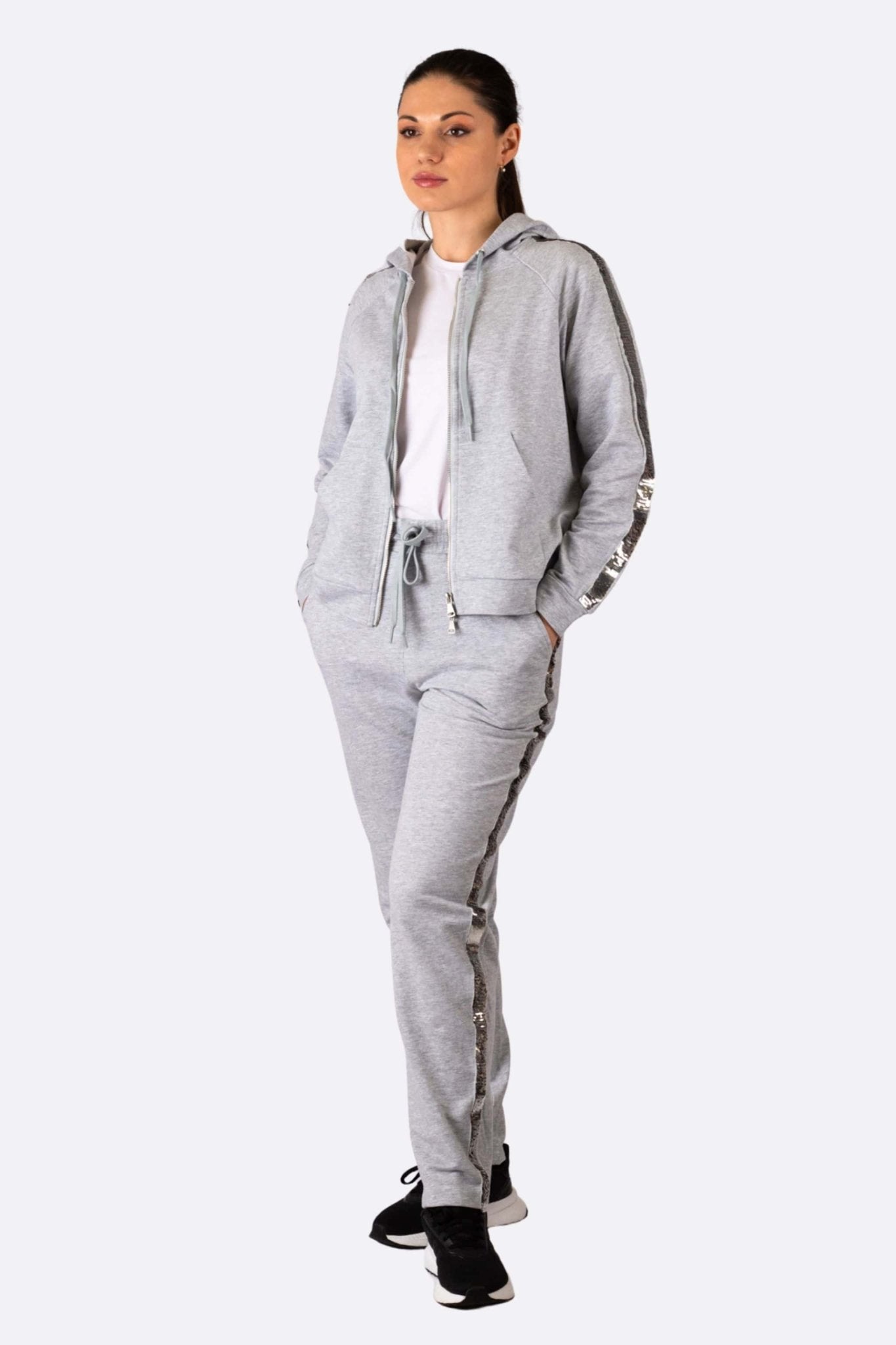 Ensemble de jogging gris perle à bandes sequins pailletées - MISCIANO