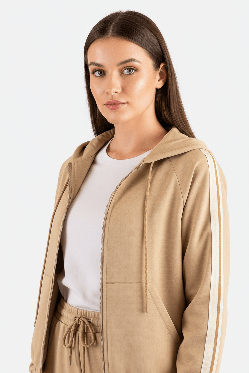 Dettaglio raffinato del completo sportivo marrone con bande laterali, perfetto per un look elegante e confortevole in...