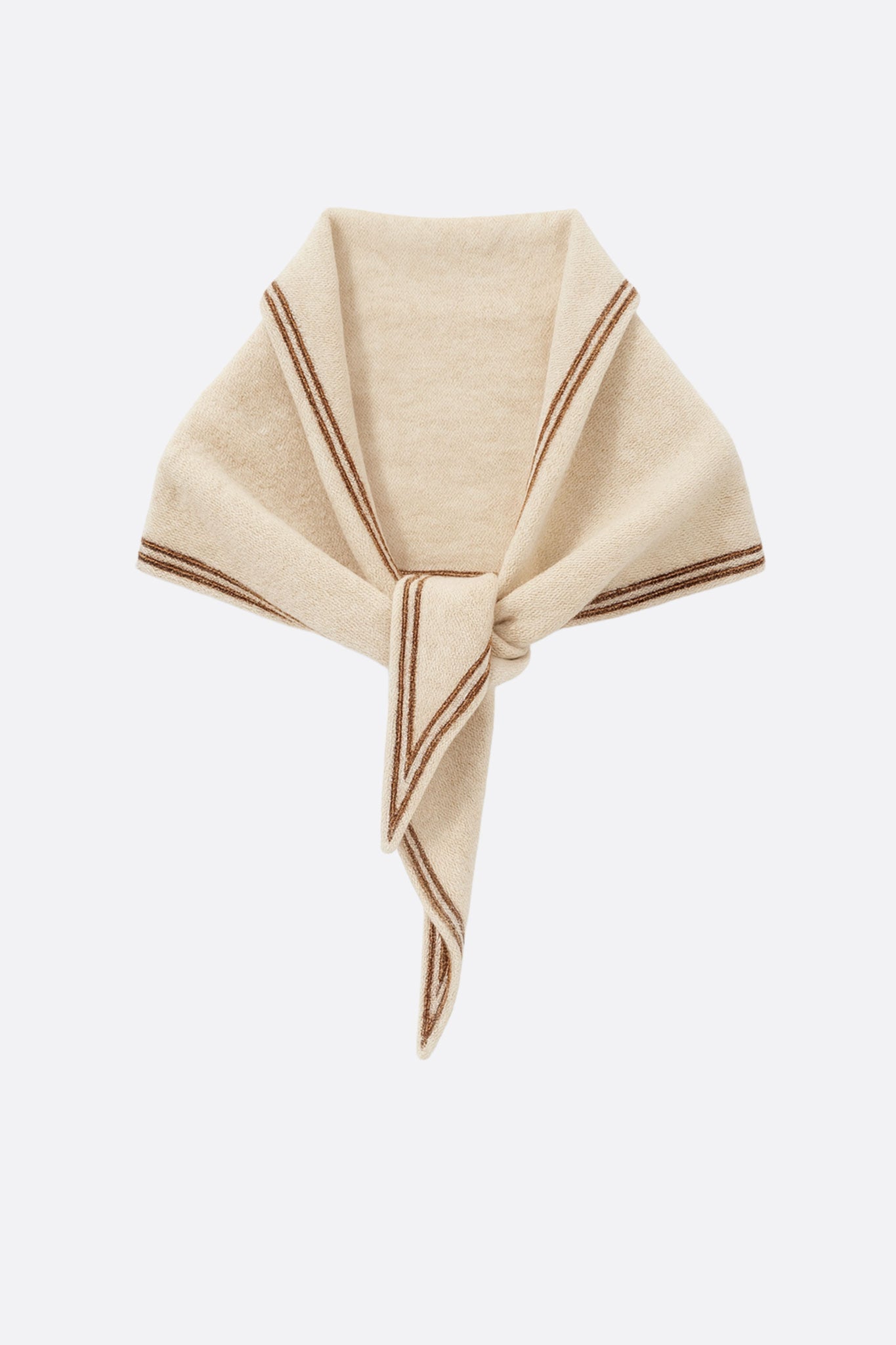Foulard chic en cachemire beige à rayures marron, un détail raffiné pour une allure moderne et sophistiquée.