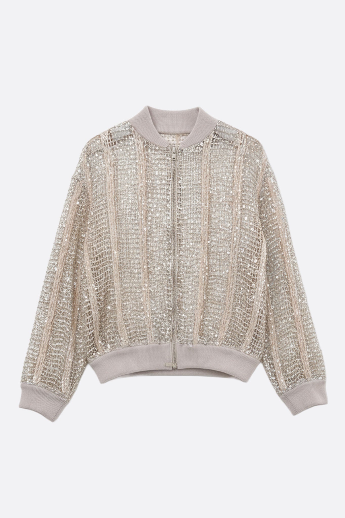 
Gilet bomber champagne en lin et soie ajouré, mettant en valeur des sequins brillants pour une touche glamour et élégante.



