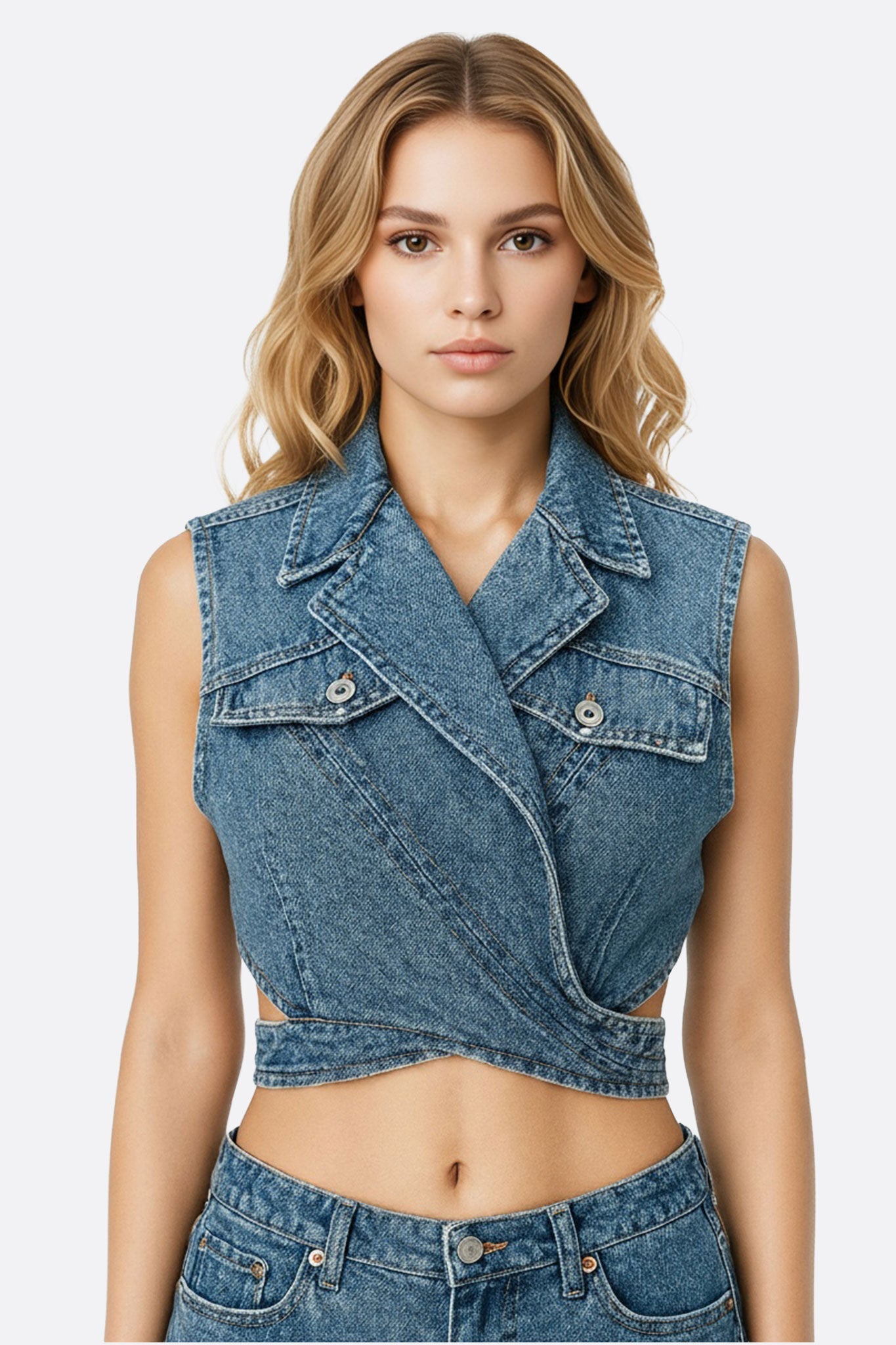 Gilet bustier en denim bleu, mettant en valeur sa coupe audacieuse et son style chic pour des sorties estivales.