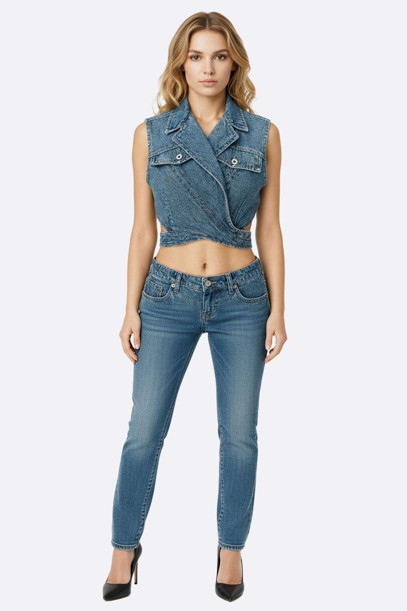 Zoom sur le gilet bustier en denim bleu, révélant sa coupe sculptante et son charme intemporel pour un look estival.