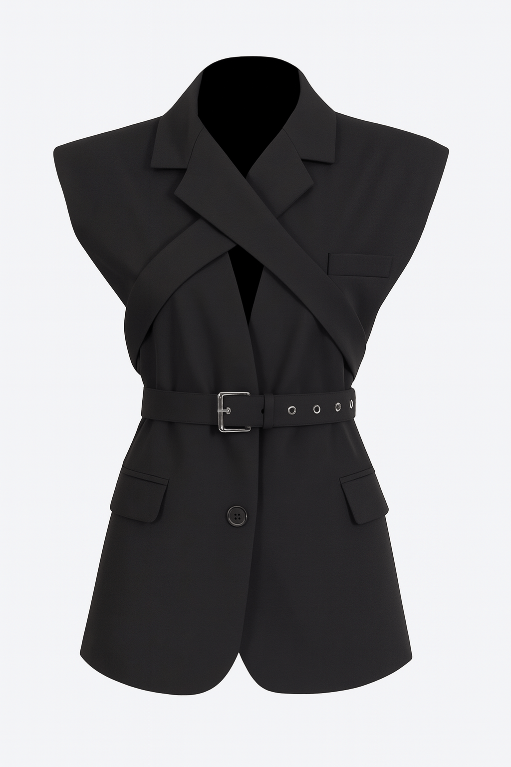 
Détail du gilet chic sans manches, tissu structuré avec une ceinture élégante, parfait pour des occasions raffinées.



