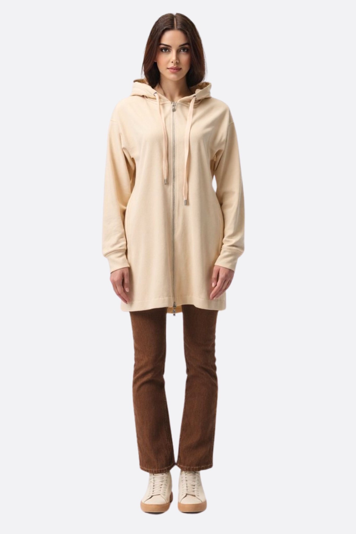 Hoodie long zippé beige bi - matière à capuche - MISCIANO