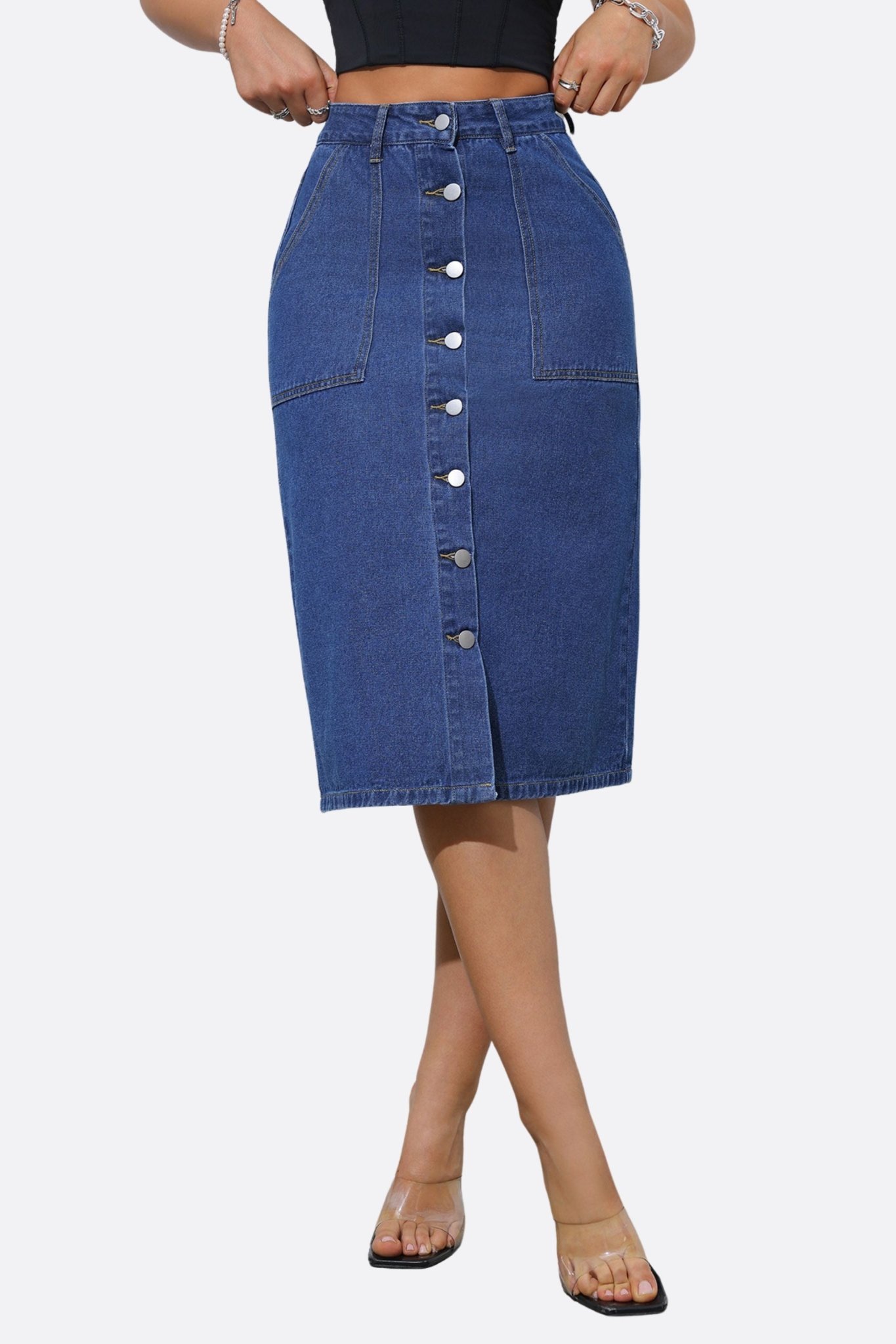 Jupe longue en denim bleu à grandes poches - MISCIANO