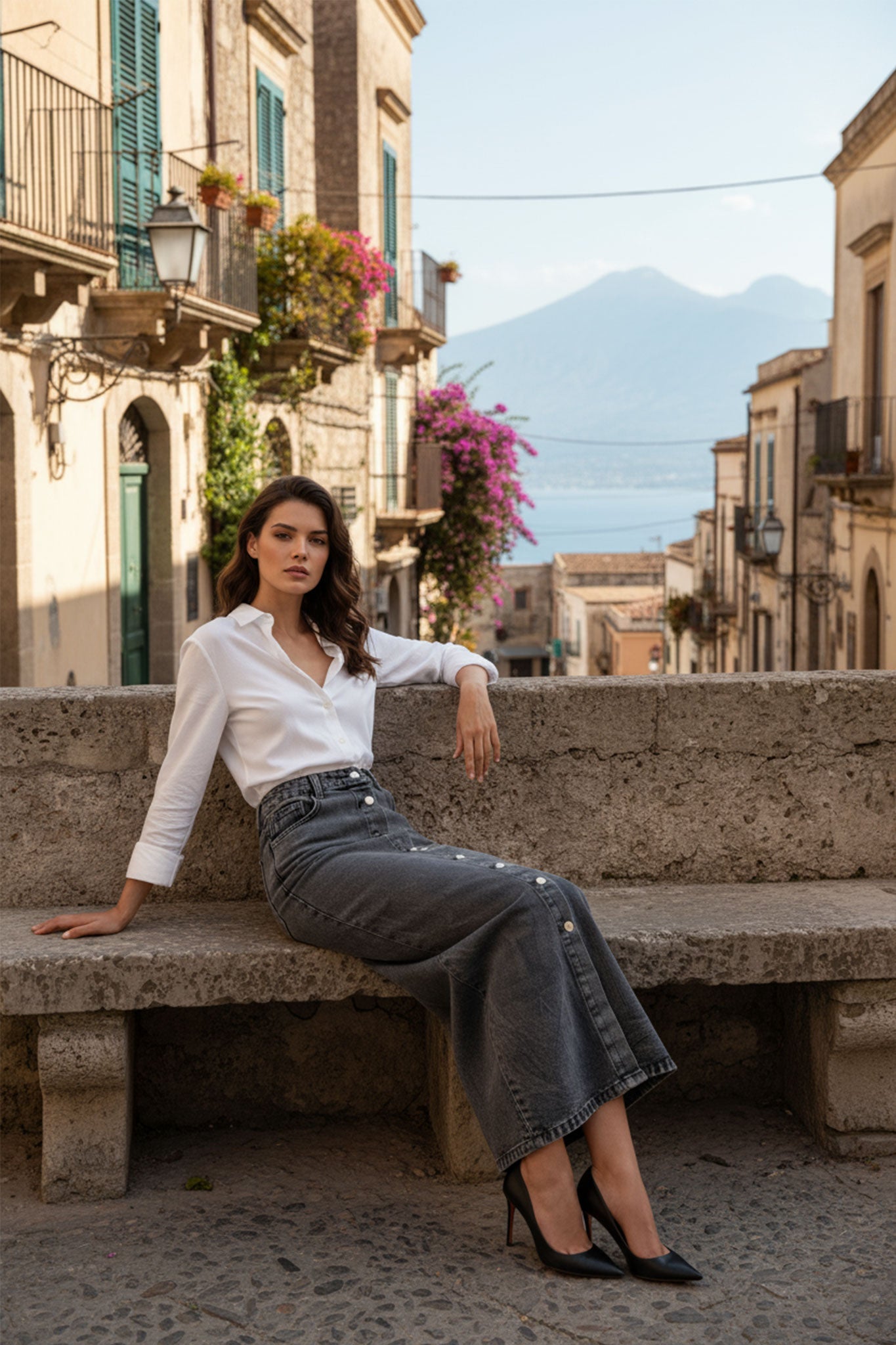 Современная длинная юбка из серого денима с пуговицами, стильный акцент для повседневной или вечерней моды.