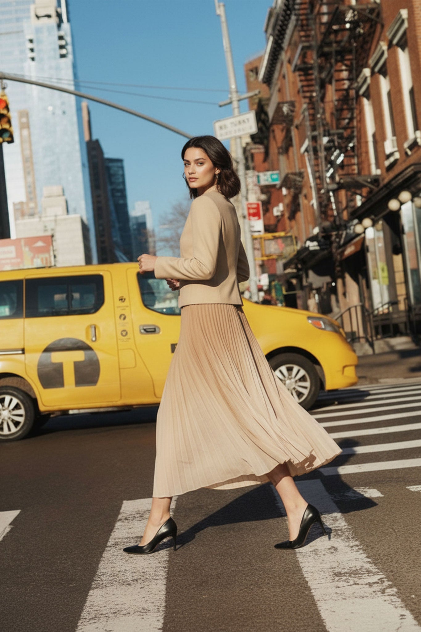 
Détail texturé de la jupe plissée beige avec dégradé, parfait pour apporter une touche chic à votre garde-robe élégante.



