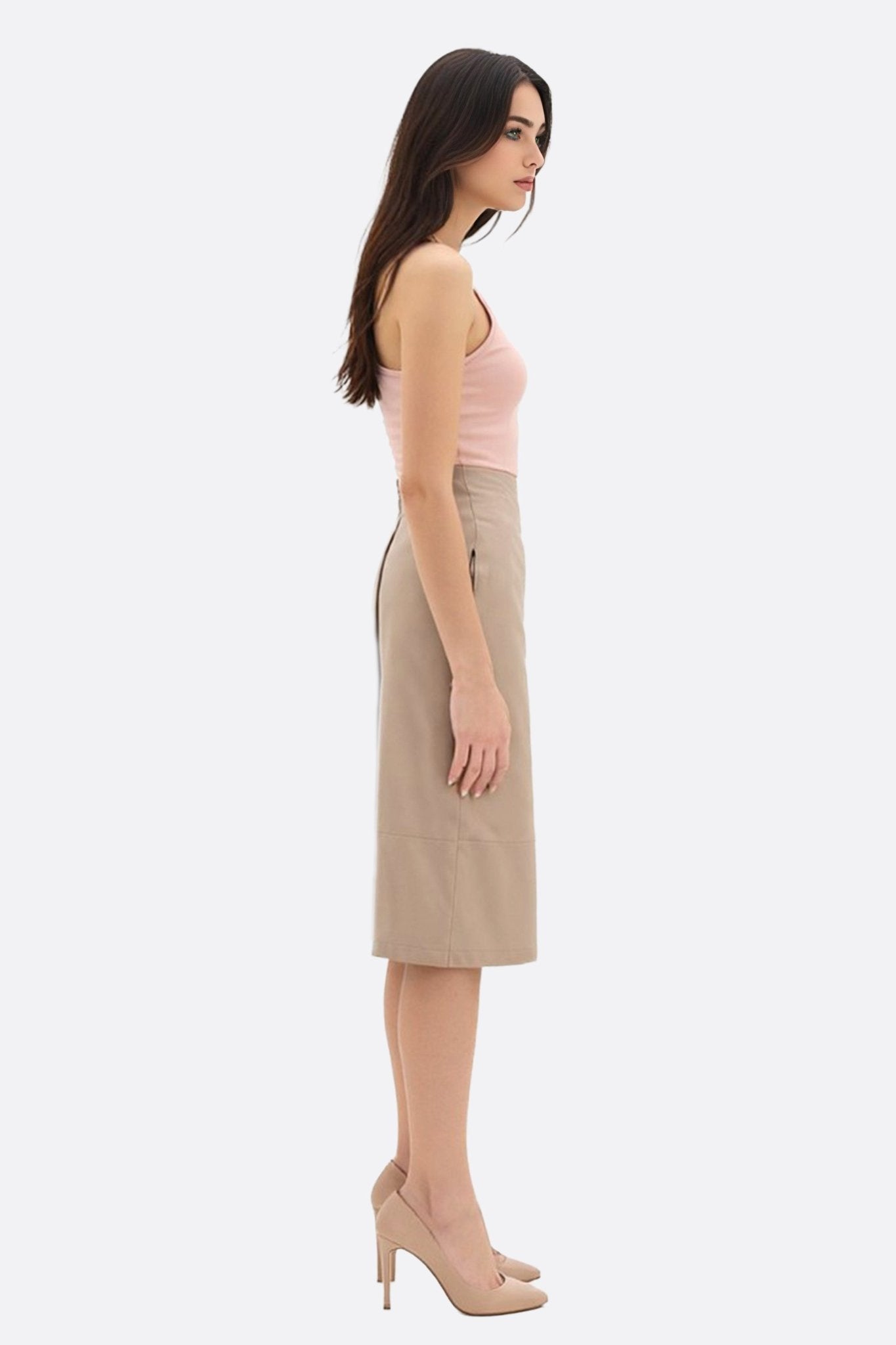 Jupe mi - longue en similicuir beige fendue à coupe droite - MISCIANO