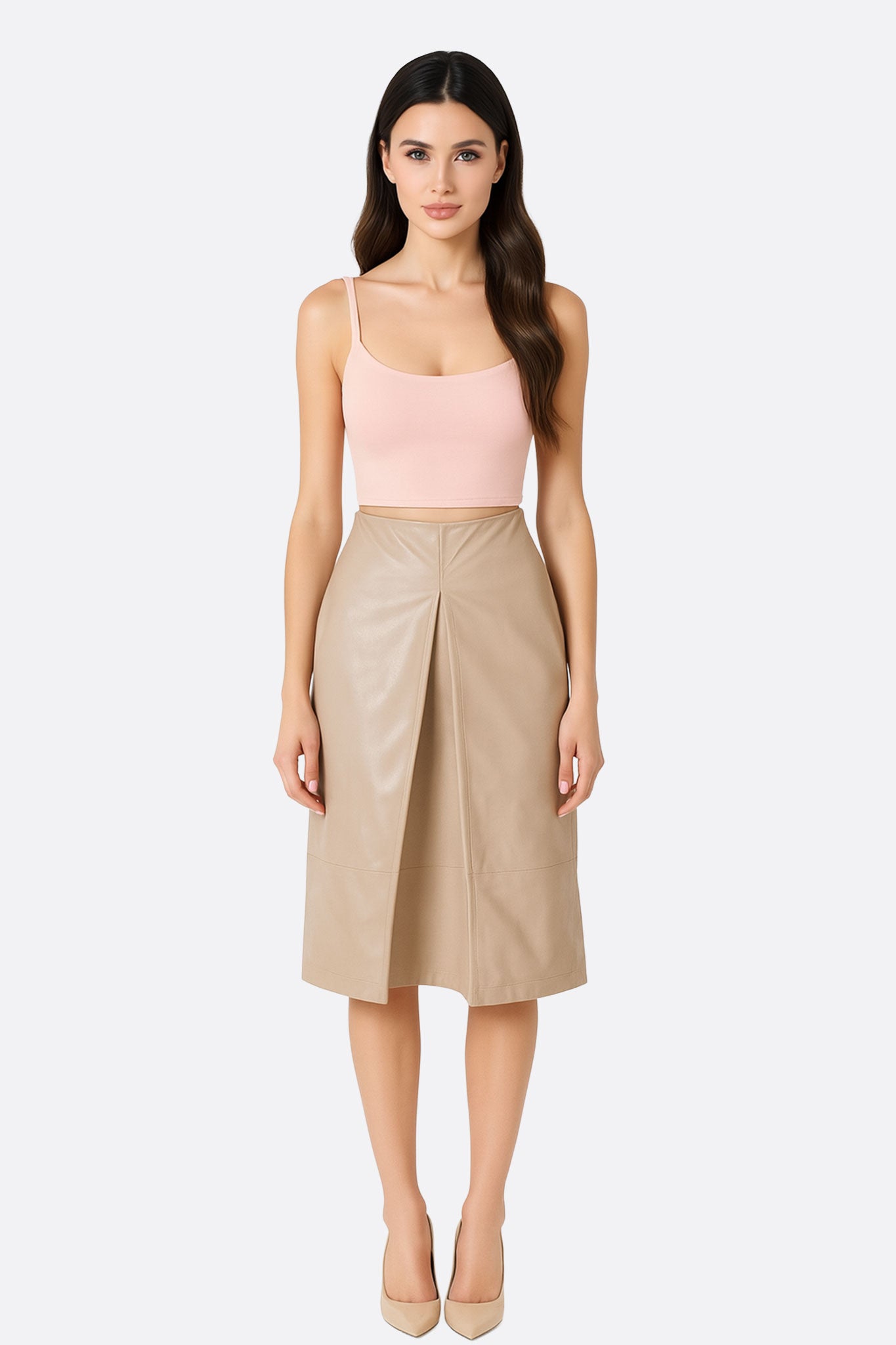 Jupe mi - longue en similicuir beige fendue à coupe droite - MISCIANO