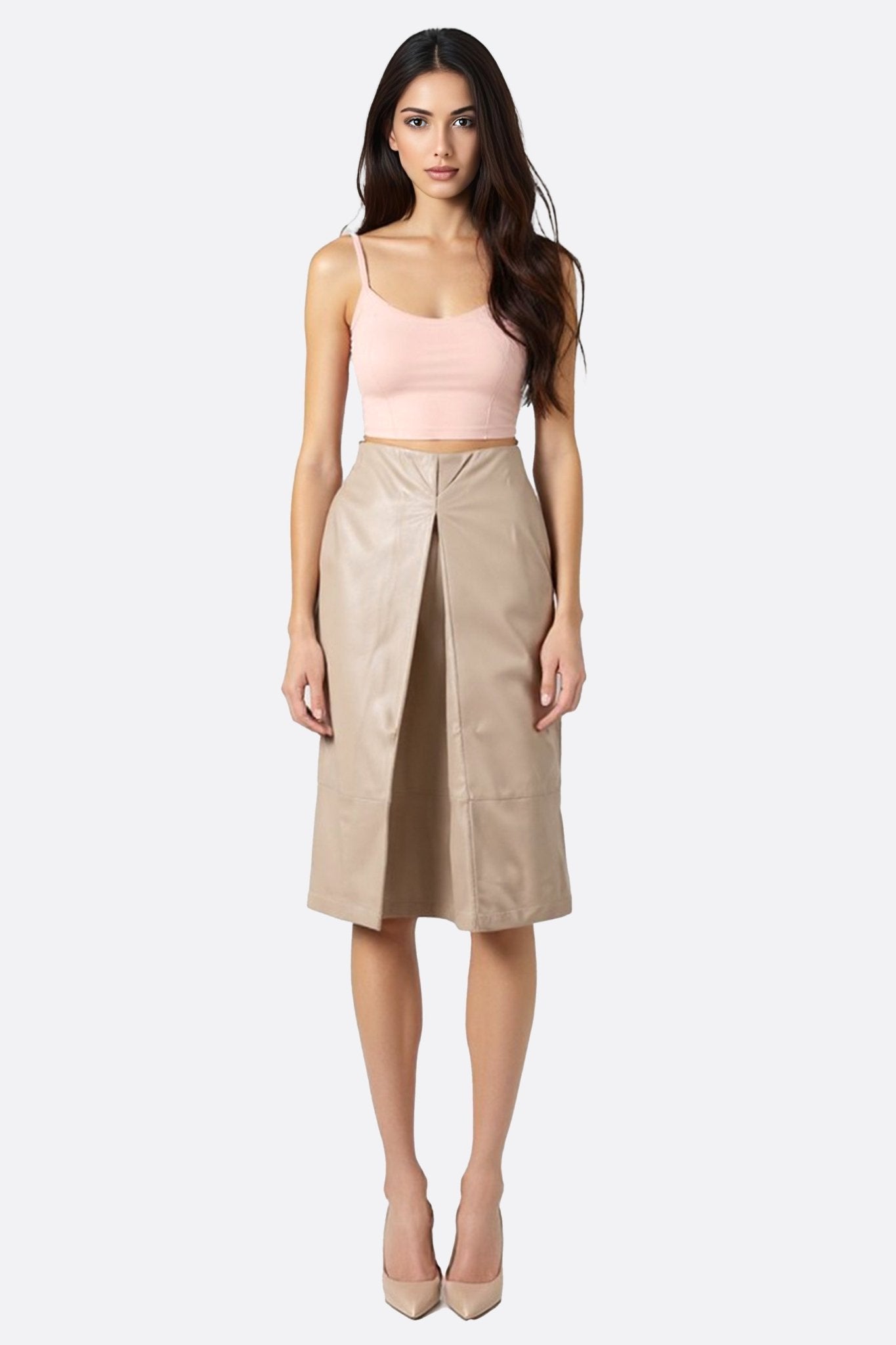 Jupe mi - longue en similicuir beige fendue à coupe droite - MISCIANO