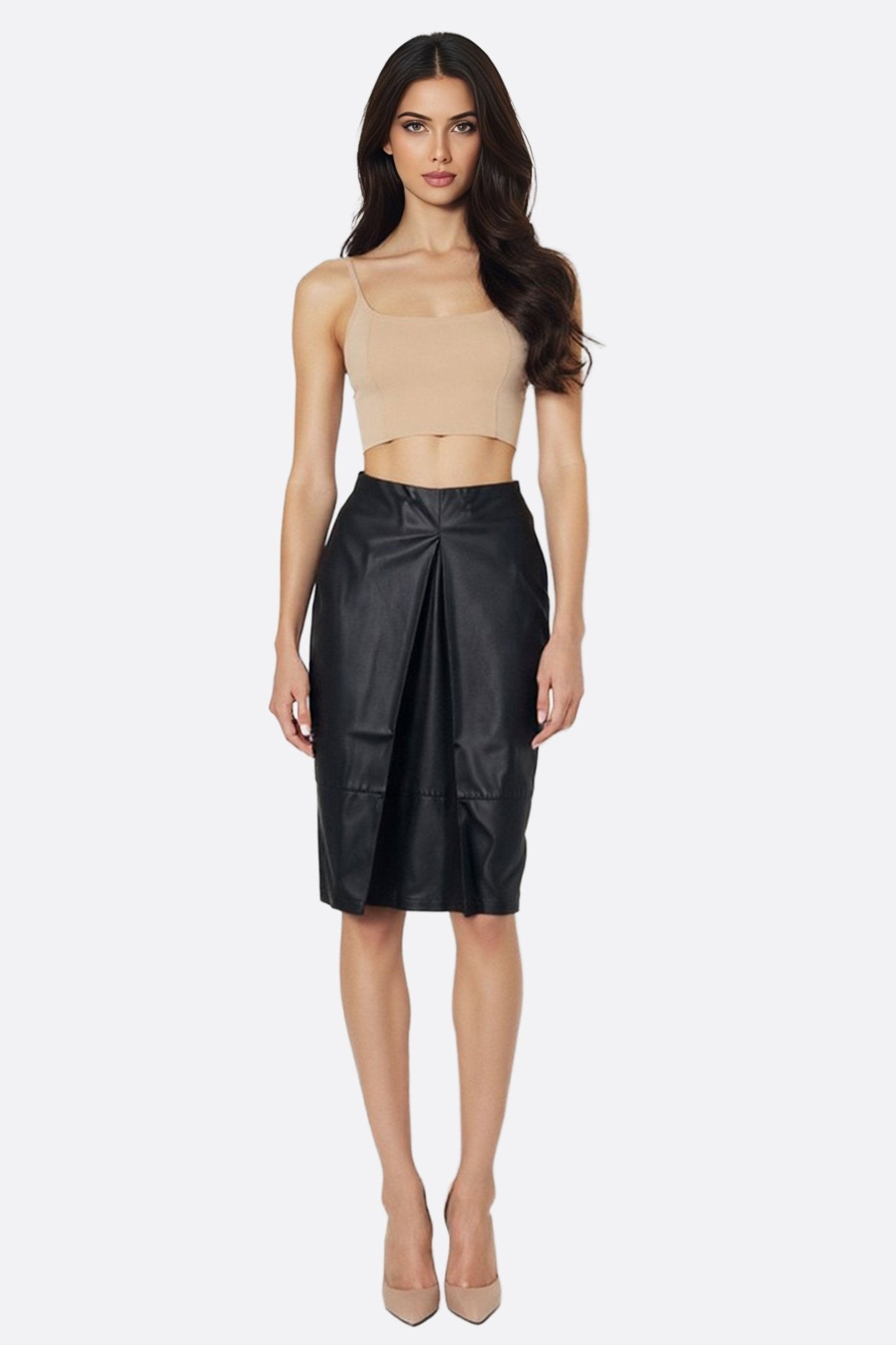 Black faux leather mid-length skirt with a straight cut and slit 