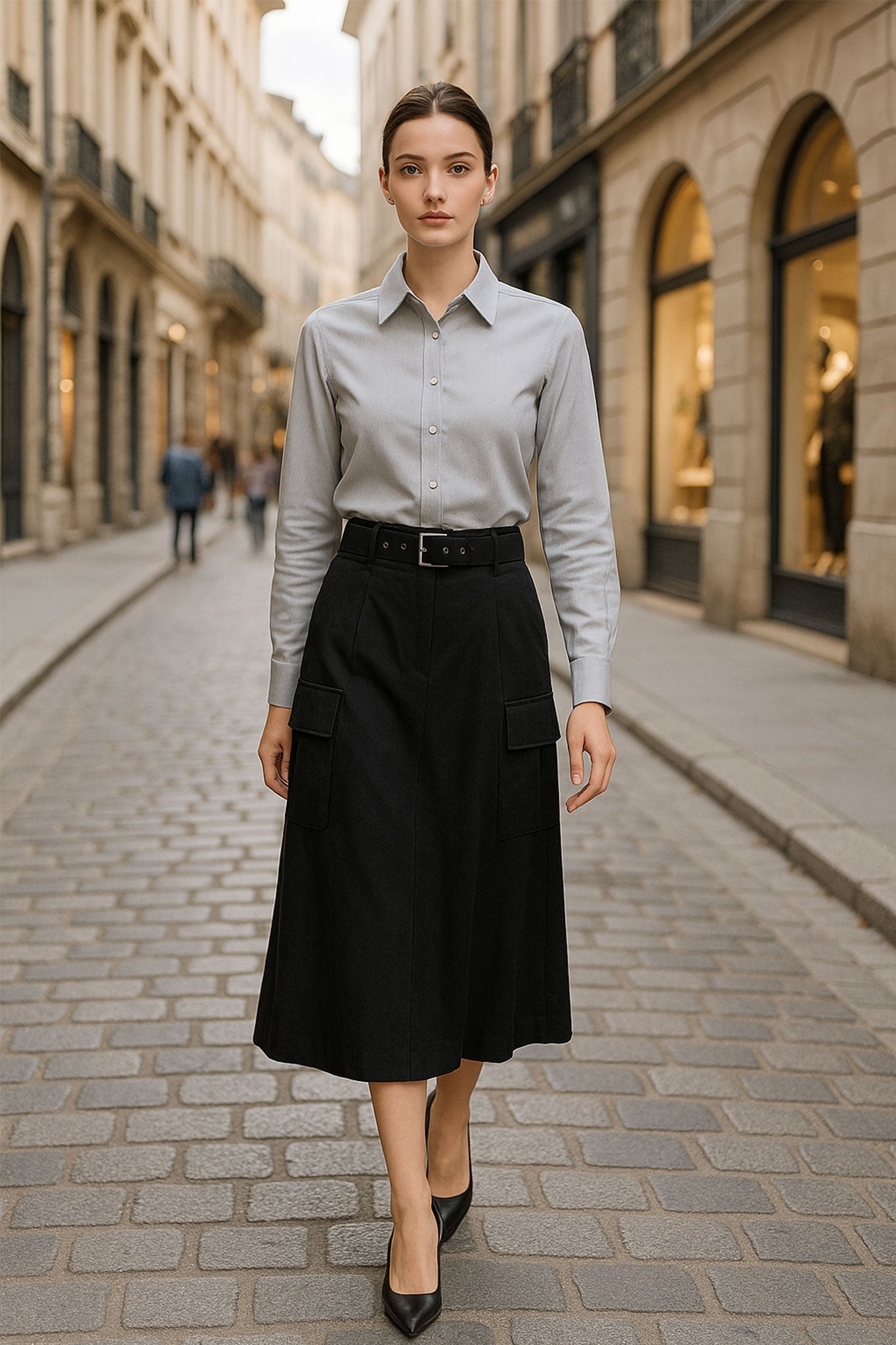 Jupe midi noire à ceinture et poches oversize - MISCIANO