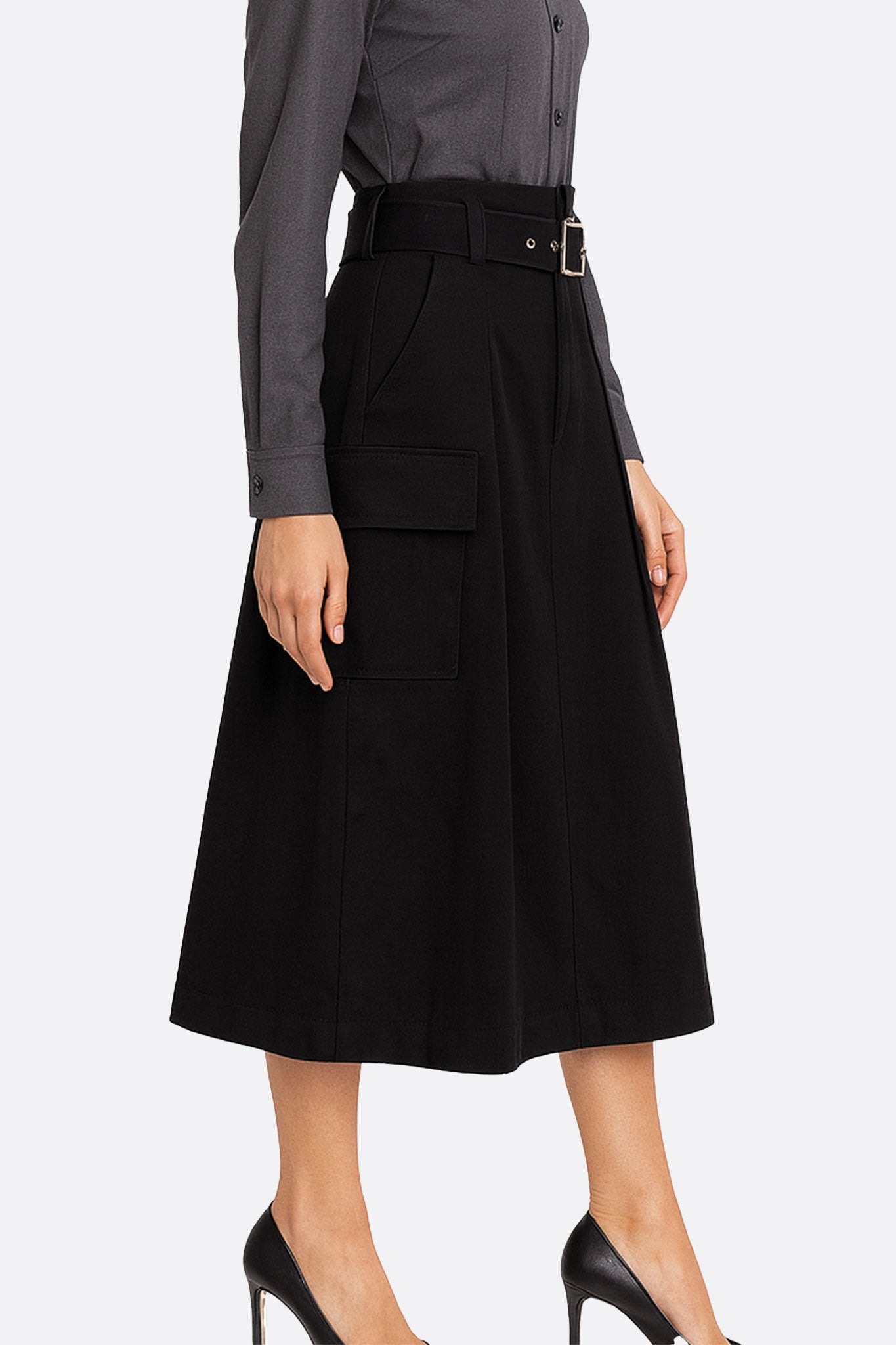 Jupe midi noire à ceinture et poches oversize - MISCIANO