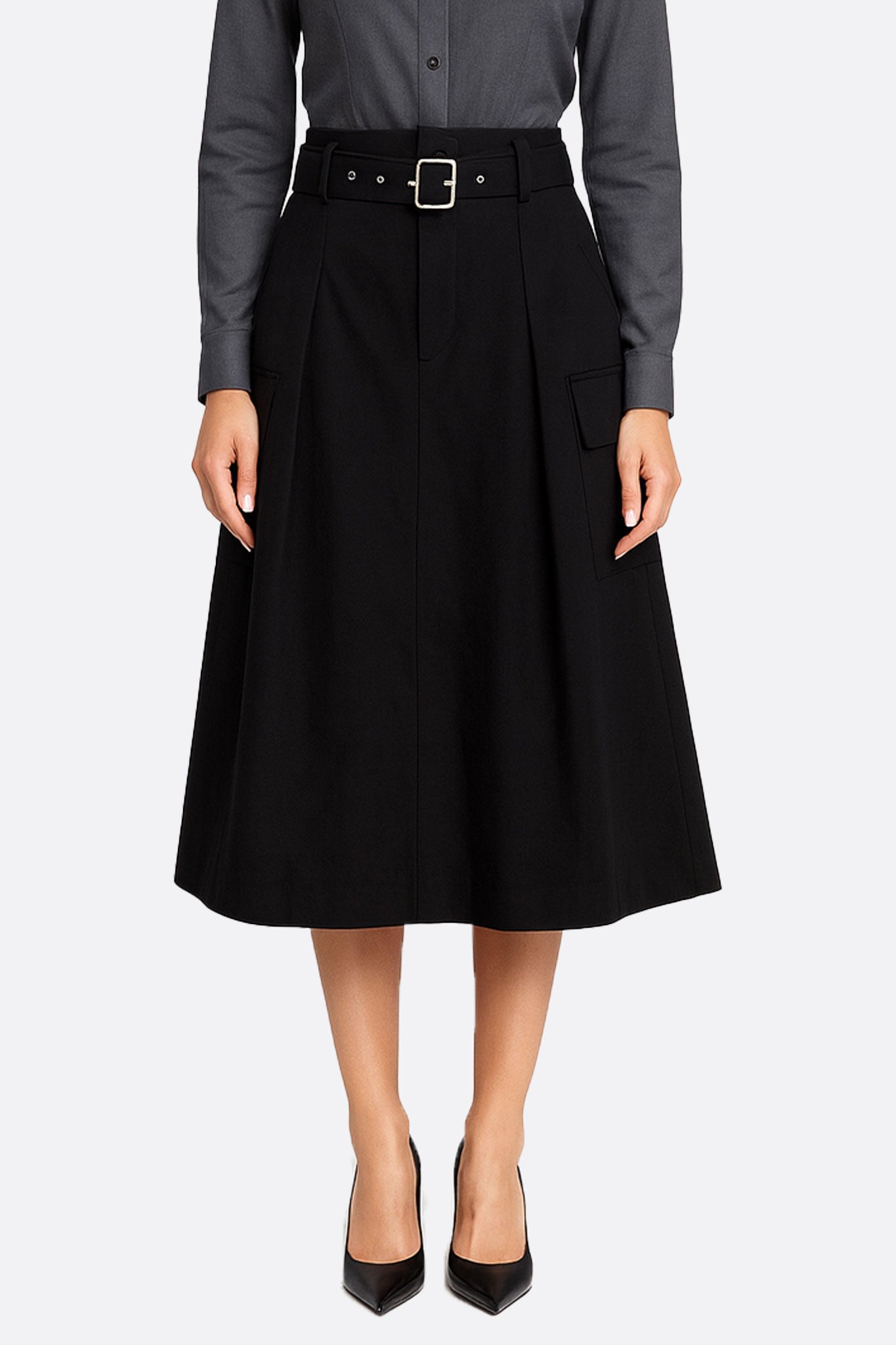 Jupe midi noire à ceinture et poches oversize - MISCIANO