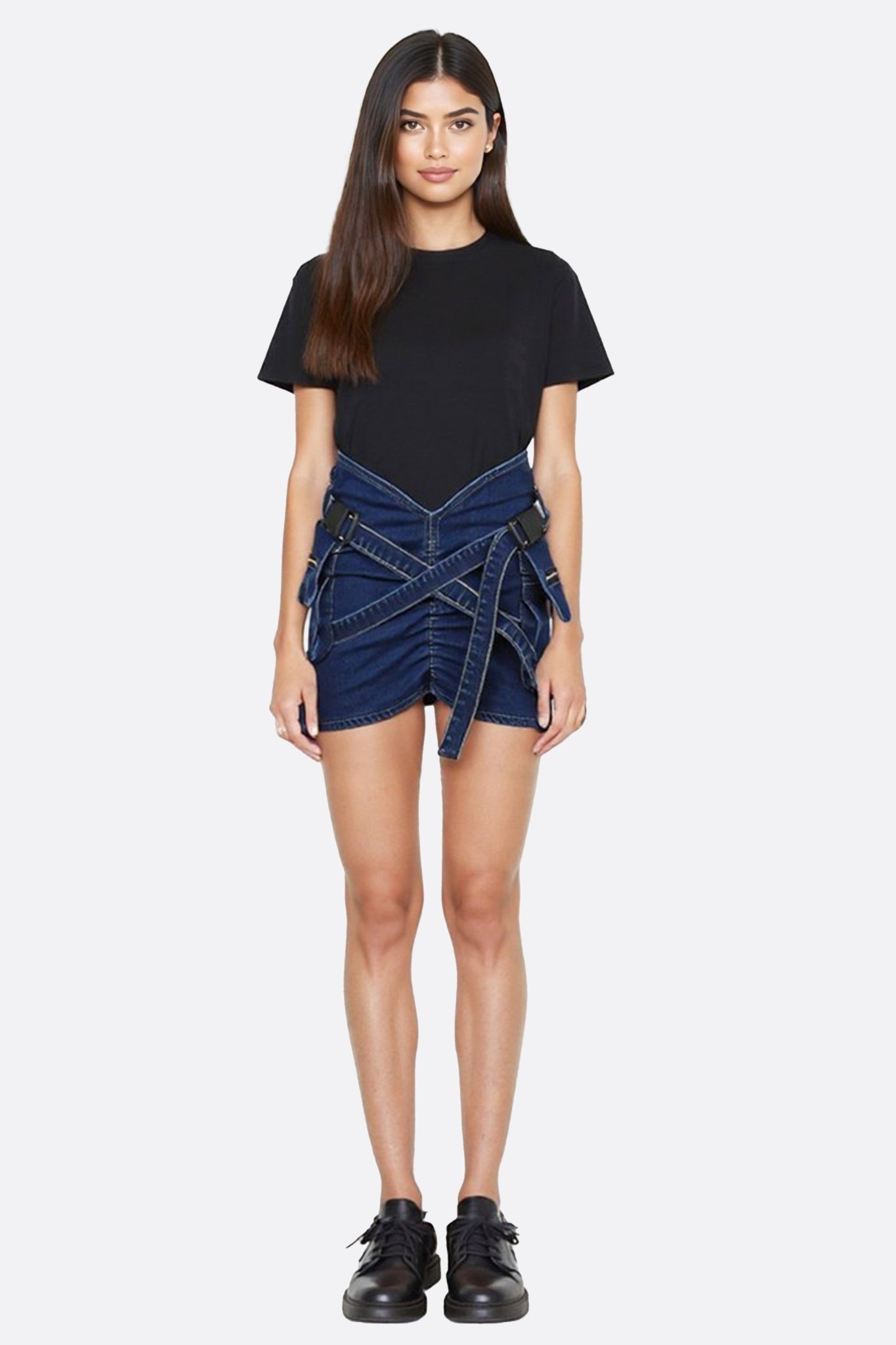 Jupe - short en denim structuré à sangles croisées - MISCIANO