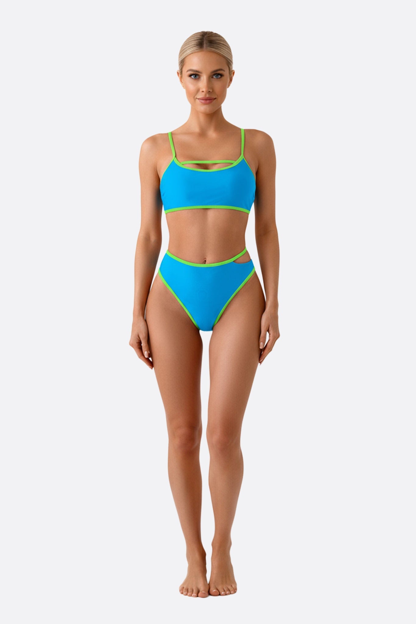 Bikini taille haute bleu à détails vert fluo — Misciano