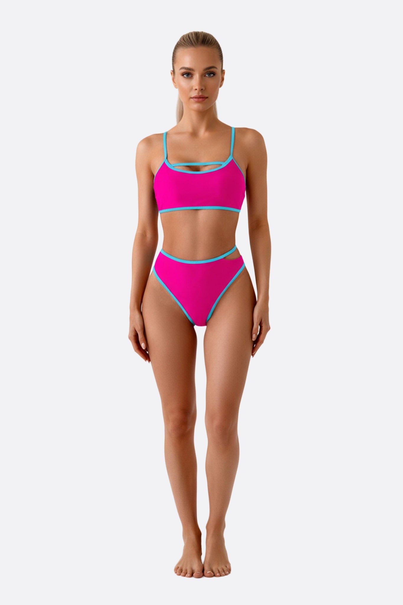 
Bikini fuchsia à taille haute avec accents bleu turquoise, parfait pour une journée ensoleillée à la plage.



