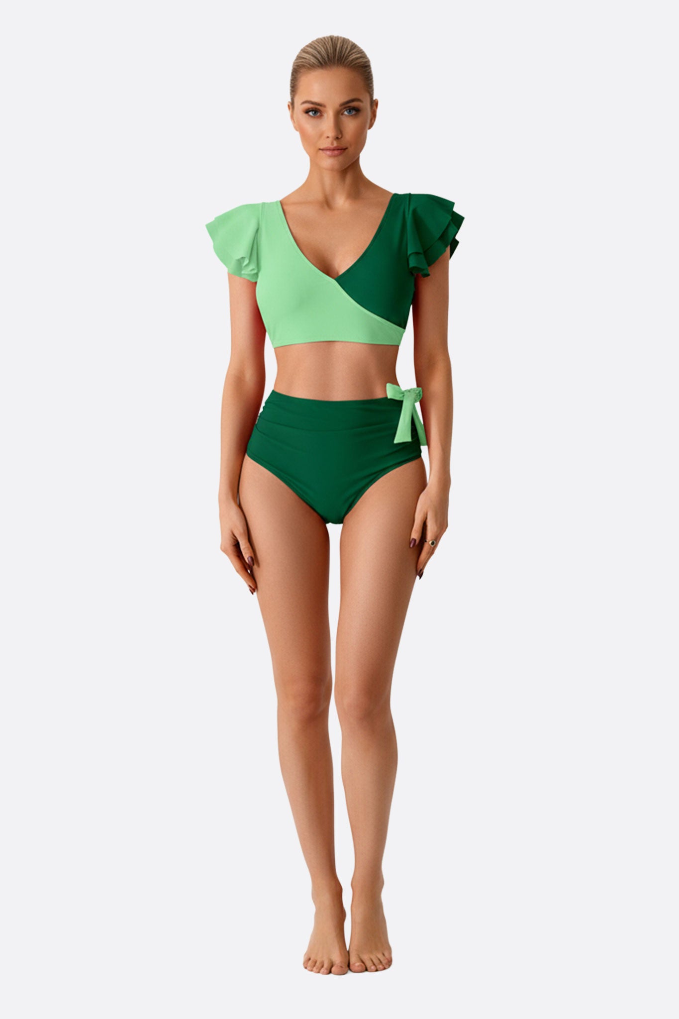 Costume da bagno due pezzi bicolore verde con effetto incrociato, perfetto per l'estate e per look eleganti in spiaggia.