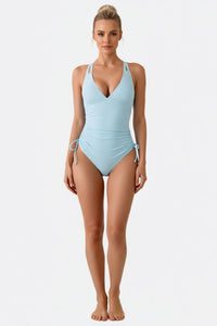 Цельный купальник небесно-голубого цвета с регулируемыми завязками 