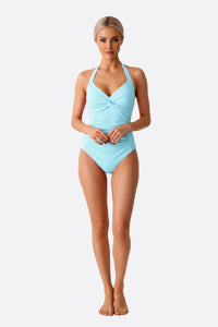 Maillot de bain une pièce bleu pastel noué à l'avant