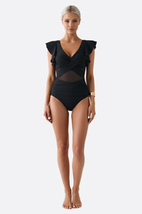 Цельный черный купальник с оборками 