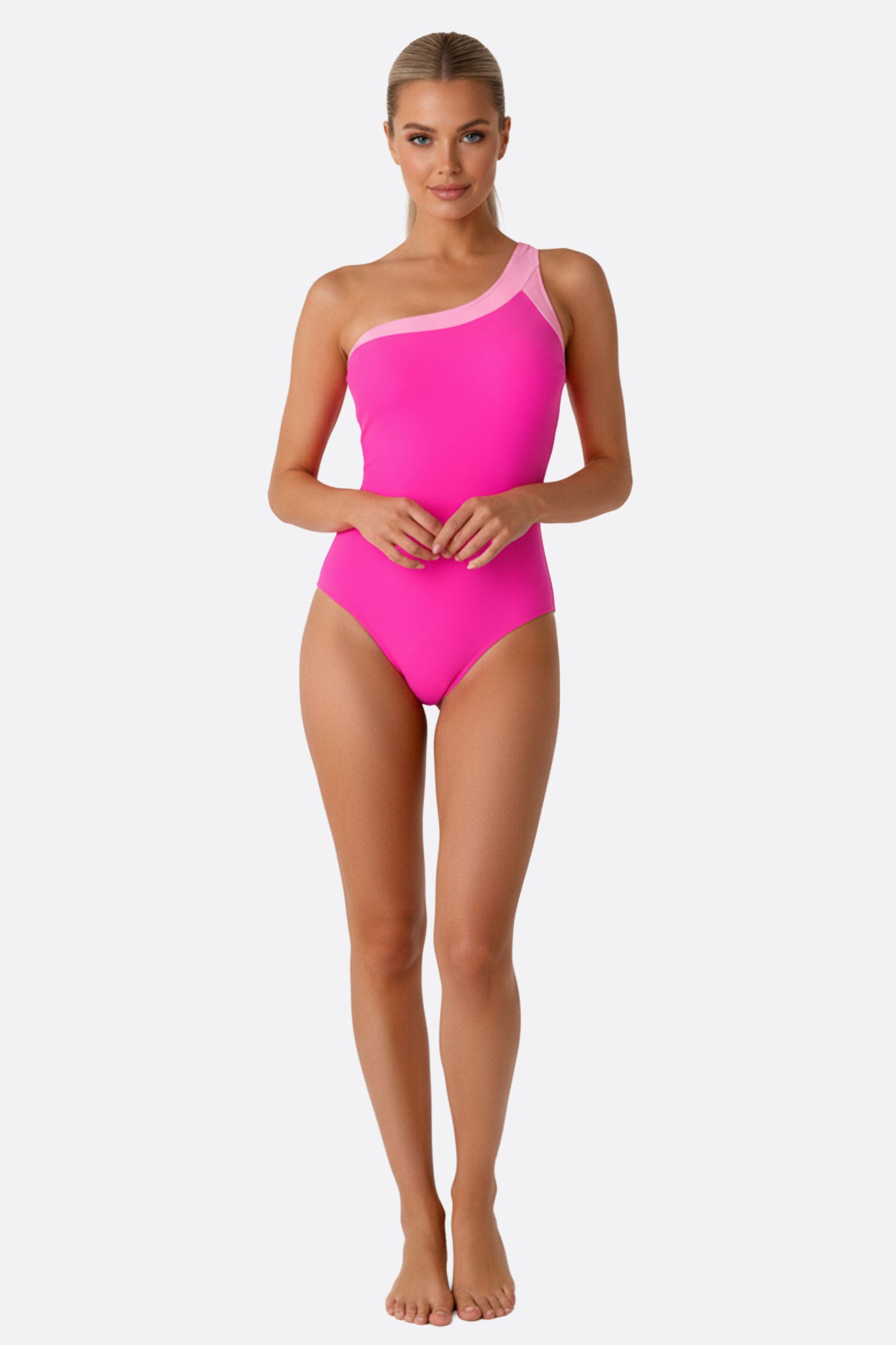Costume da bagno intero fucsia con scollatura asimmetrica, ideale per vacanze al mare e look estivi chic.