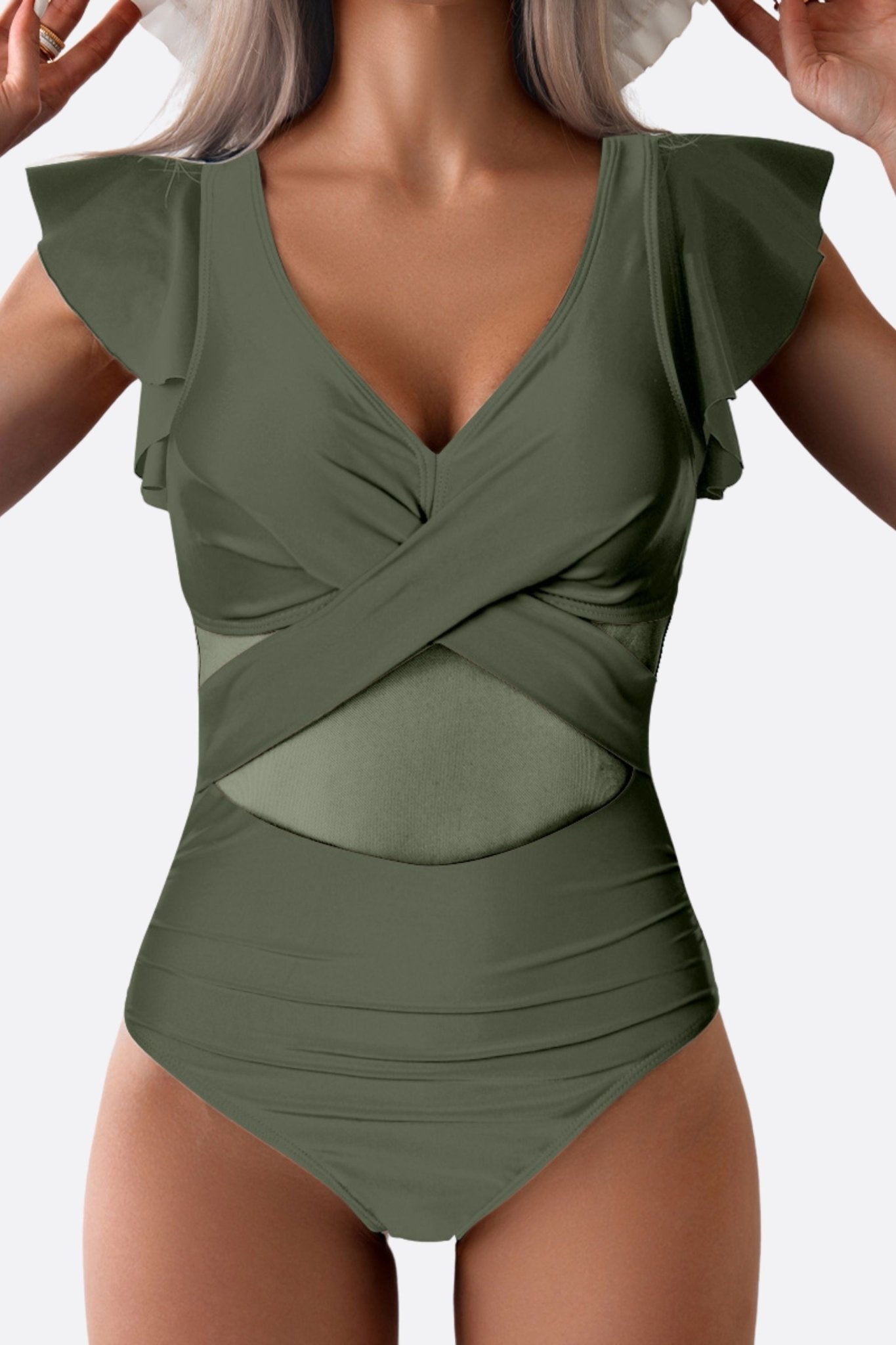 Ruffled olive green one-piece swimsuit displayed from a unique angle, ideal for sophisticated summer events or beach...