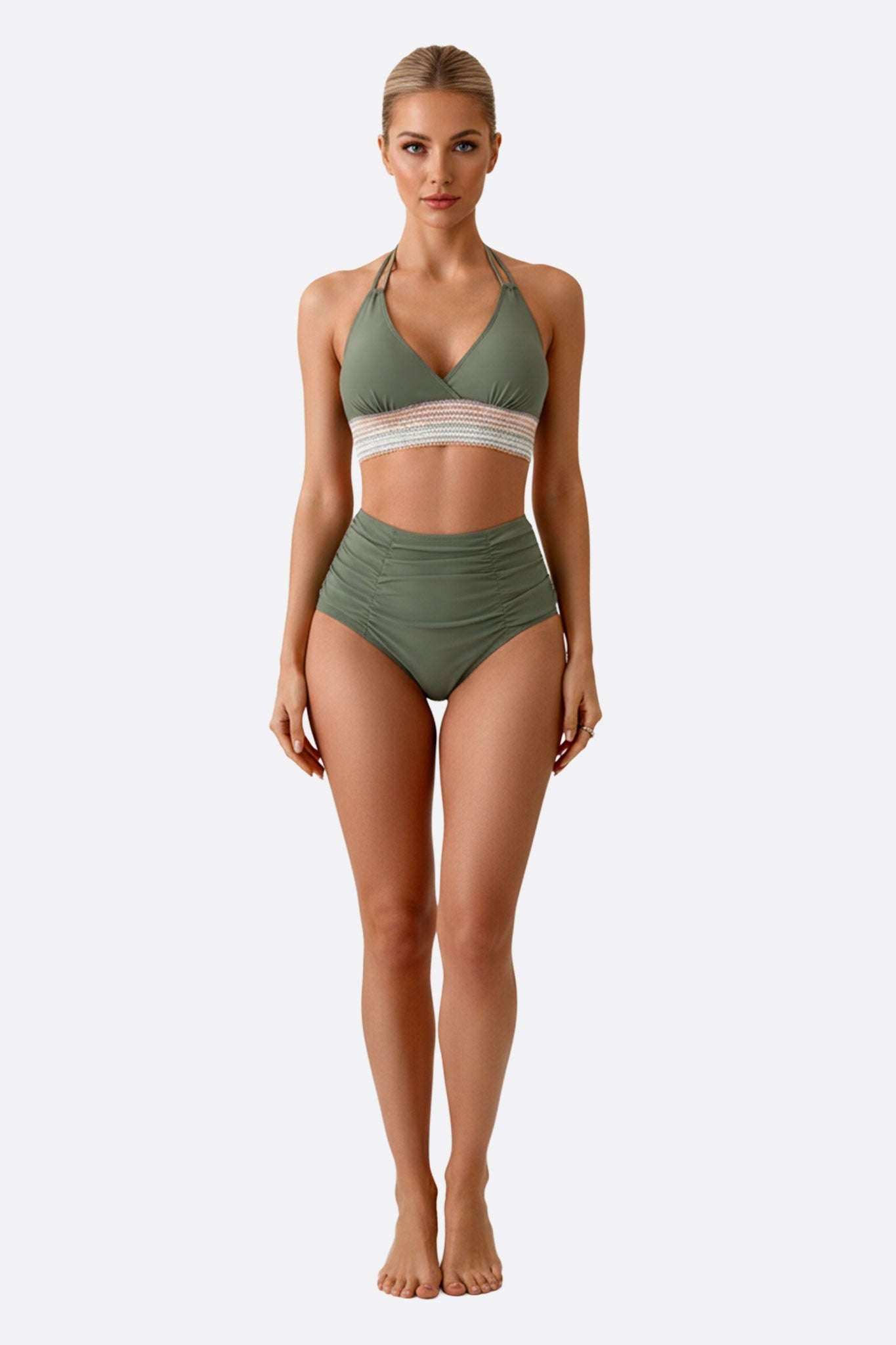 Costume da bagno verde con bande multicolori, ideale per un look estivo chic e alla moda in spiaggia o in piscina.