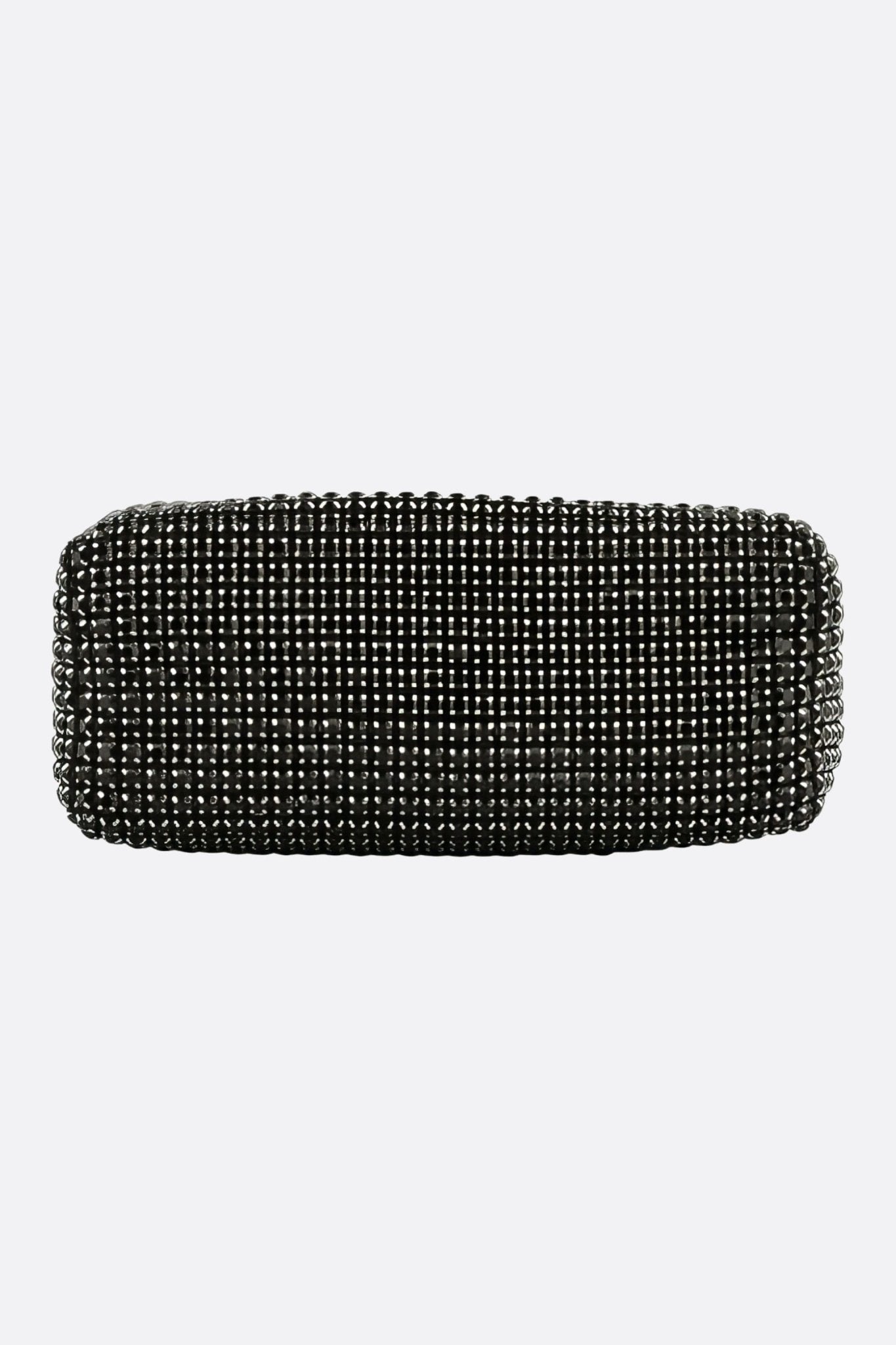 Stunning black rhinestone mini purse captured at a 3/4 angle, ideal for sophisticated events and stylish evening wear.