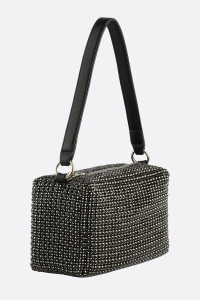 
Détail du mini sac rectangulaire en strass noirs, anse main et bandoulière, accessoire idéal pour une soirée glamour.



