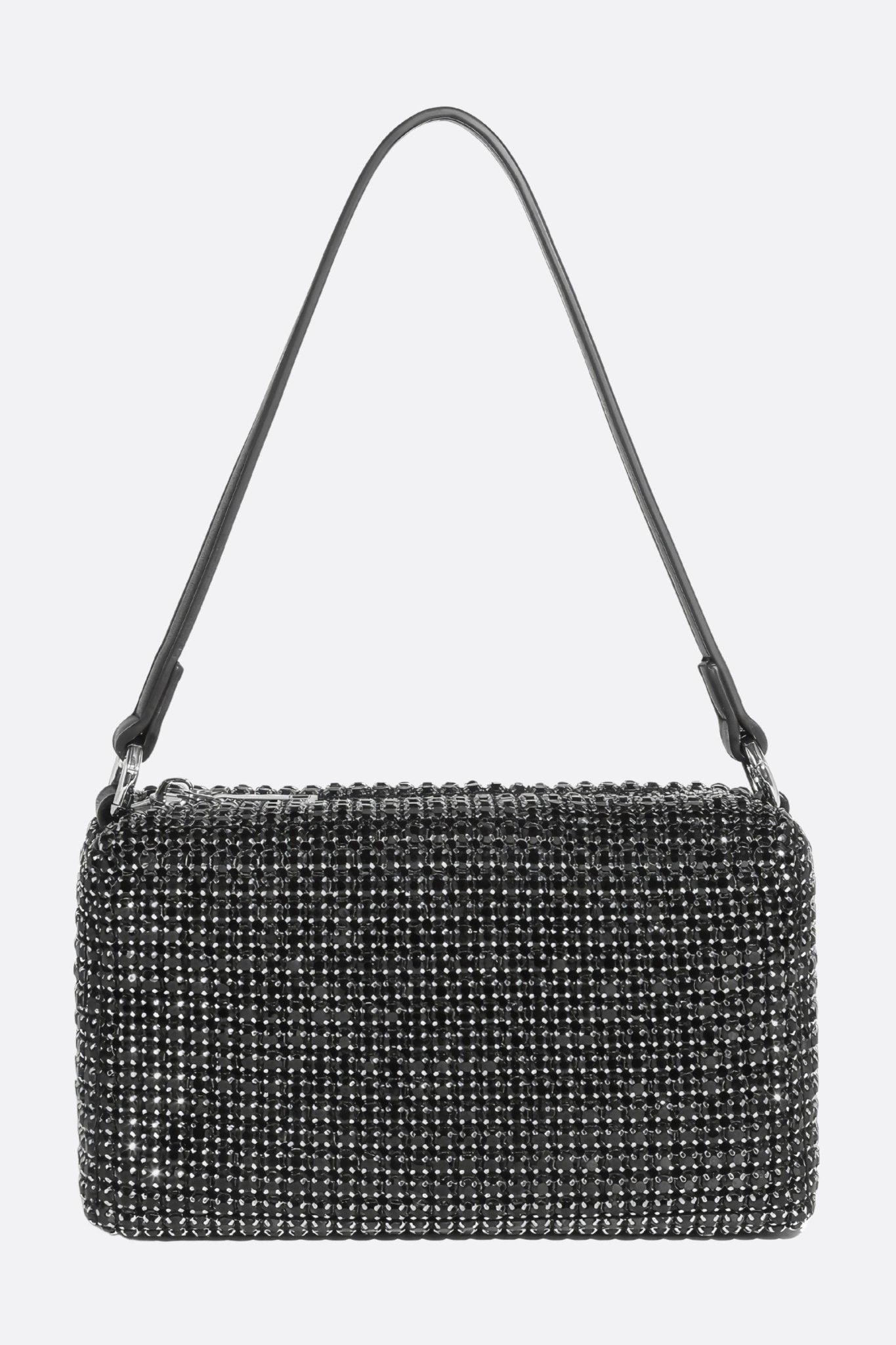 Elegant black rhinestone mini handbag with shoulder strap, perfect for special occasions and chic evening outings.