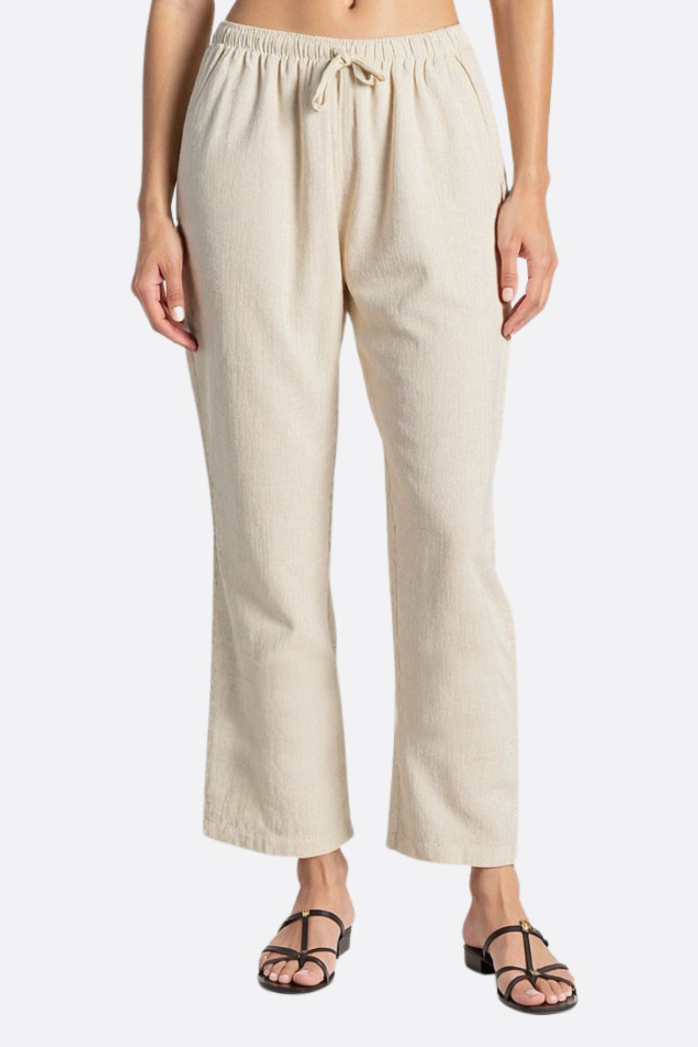 Pantalon en lin naturel beige à taille élastique - MISCIANO