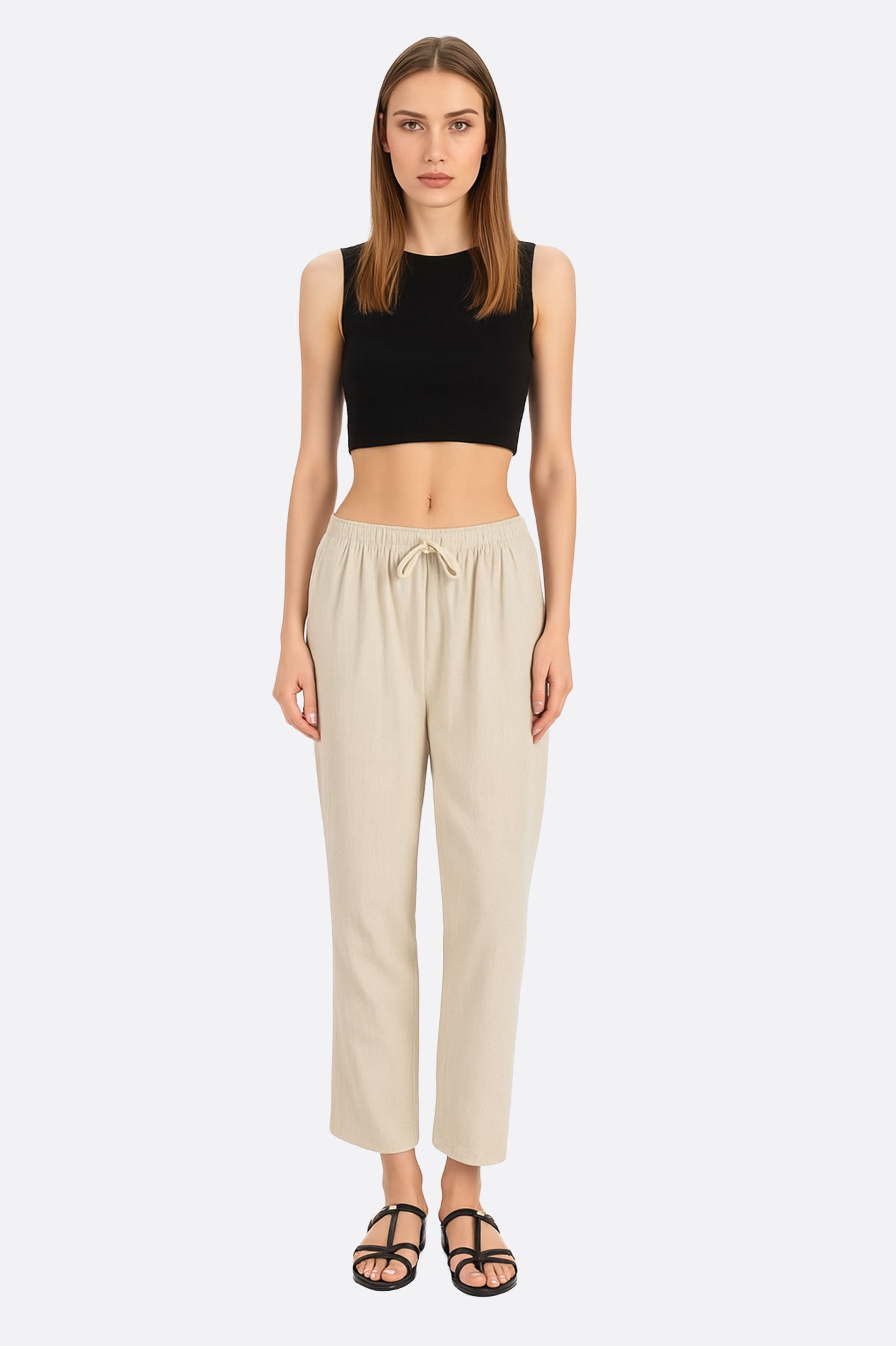Pantalon en lin naturel beige à taille élastique - MISCIANO