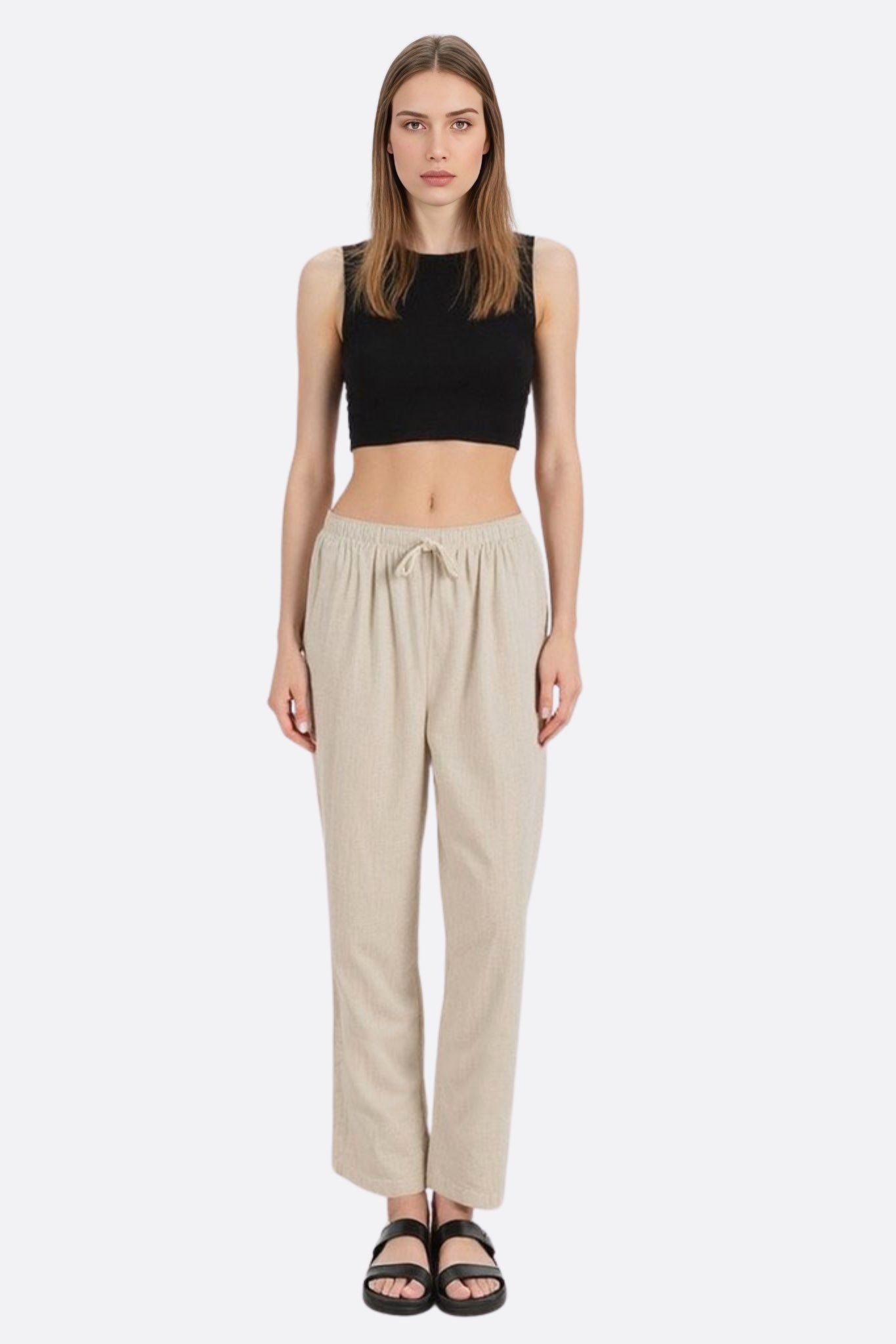 Pantalon en lin naturel beige à taille élastique - MISCIANO
