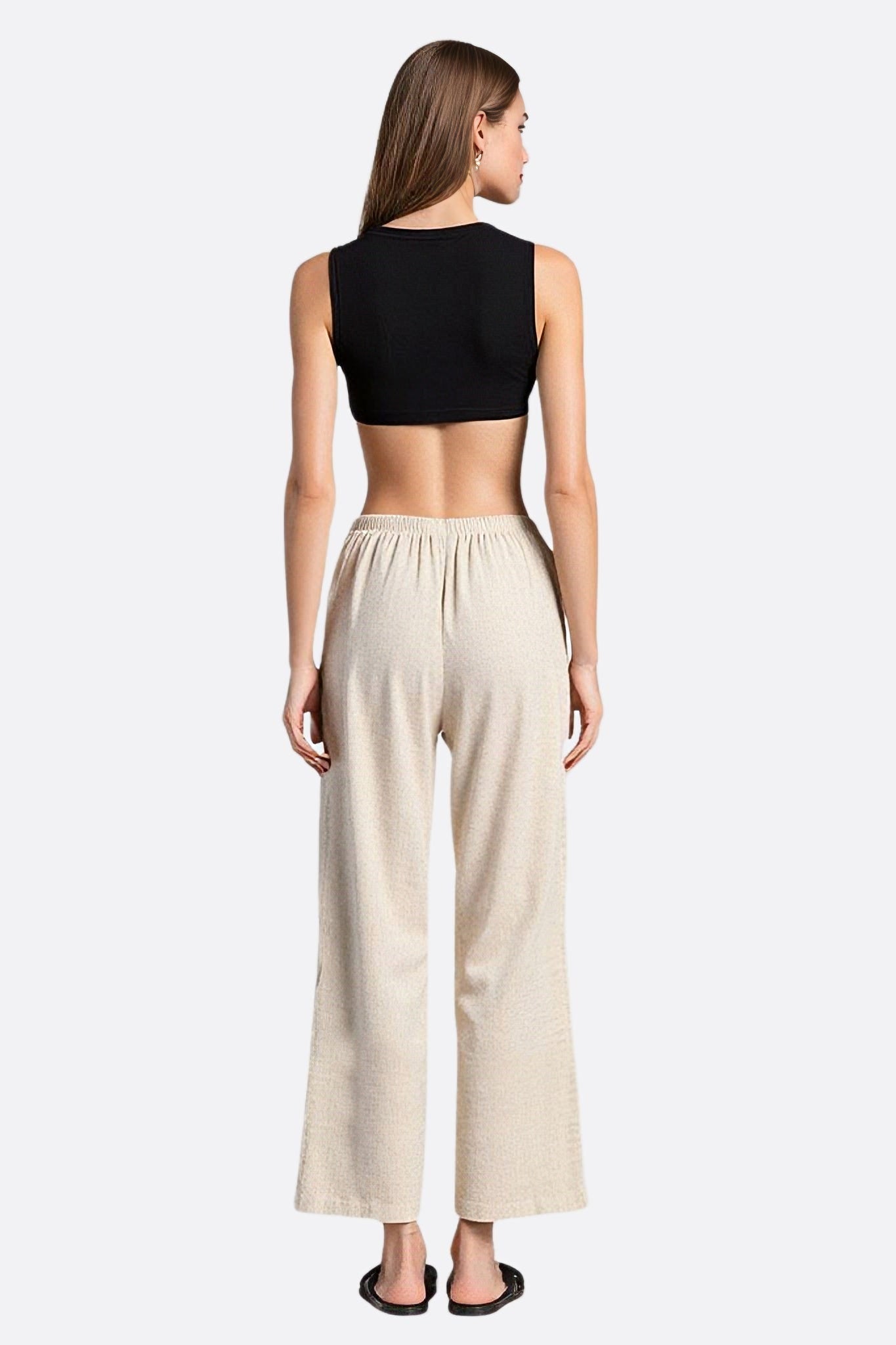 Pantalon en lin naturel beige à taille élastique - MISCIANO