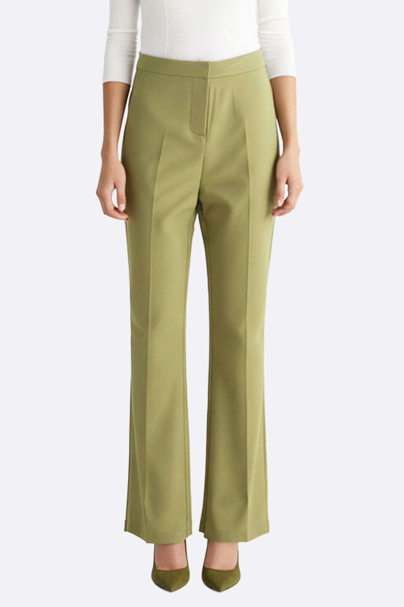 Front view of light green stretch flare trousers, showcasing a refined silhouette perfect for chic occasions or casual...