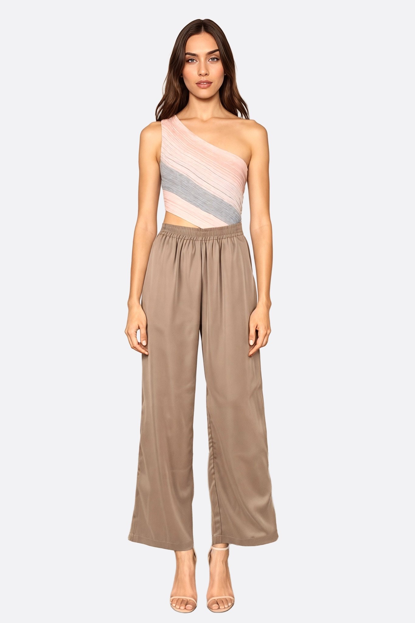 Pantalon gris taupe à coupe droite fluide et tissu satiné léger - MISCIANO