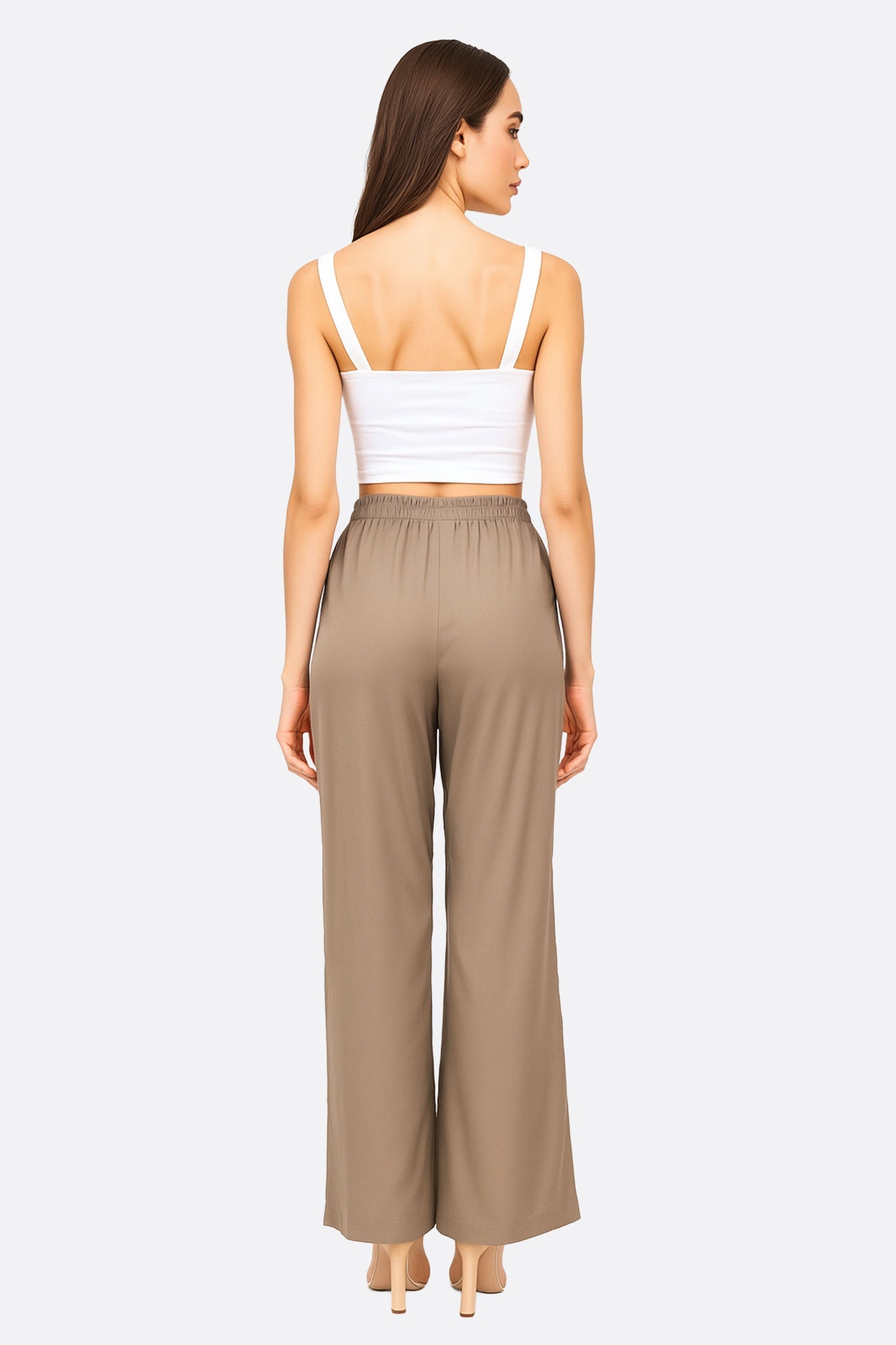 Pantalon gris taupe à coupe droite fluide et tissu satiné léger - MISCIANO