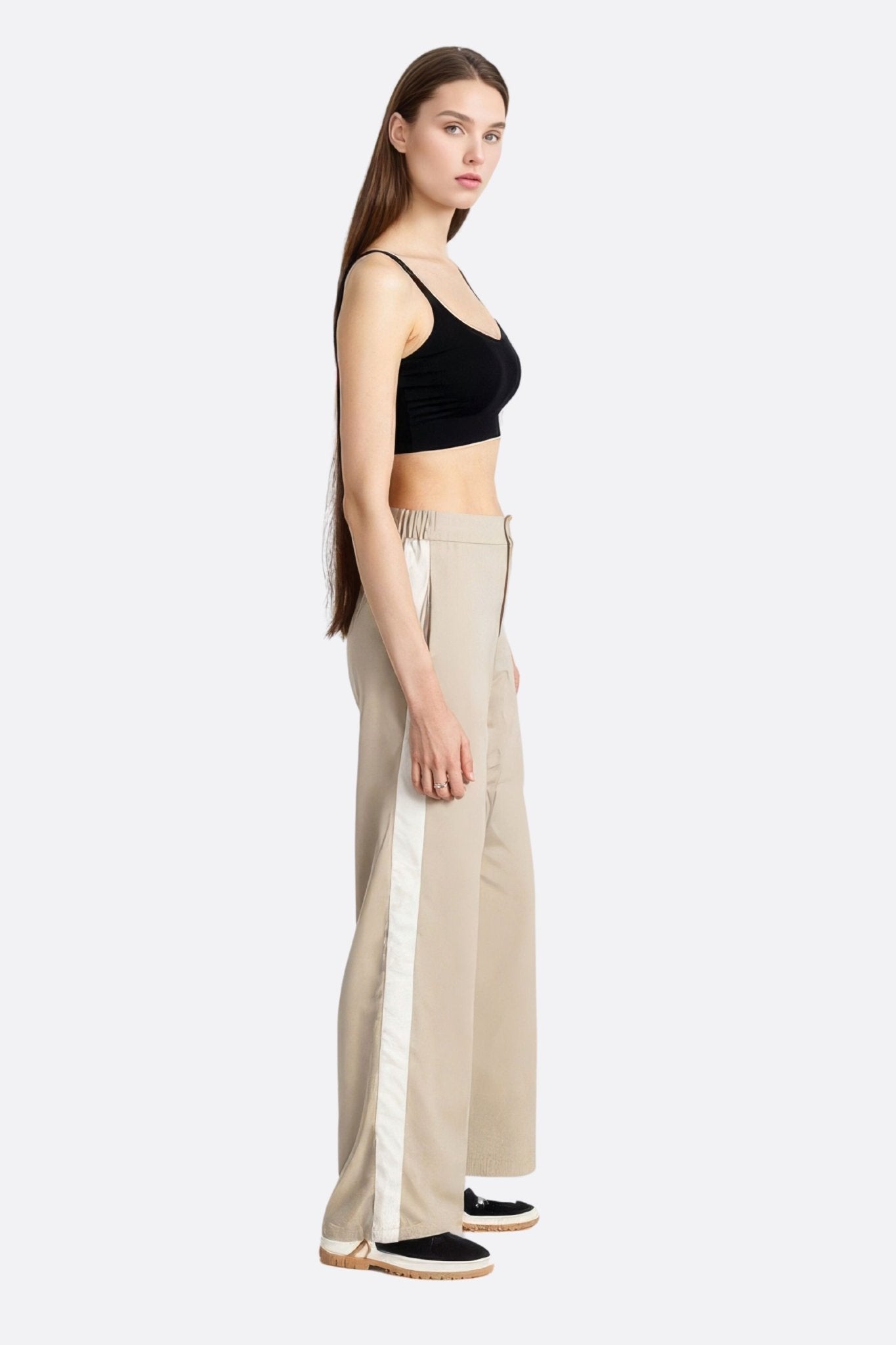 Pantalon large décontracté beige à bandes contrastantes blanches - MISCIANO