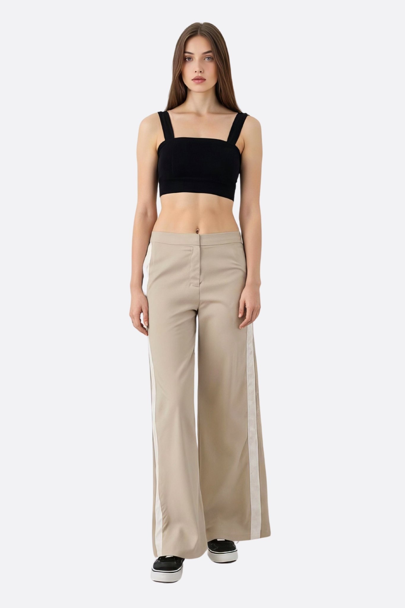 Pantalon large décontracté beige à bandes contrastantes blanches - MISCIANO