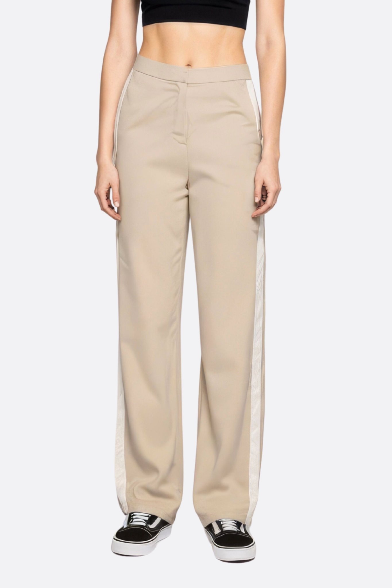 Pantalon large décontracté beige à bandes contrastantes blanches - MISCIANO